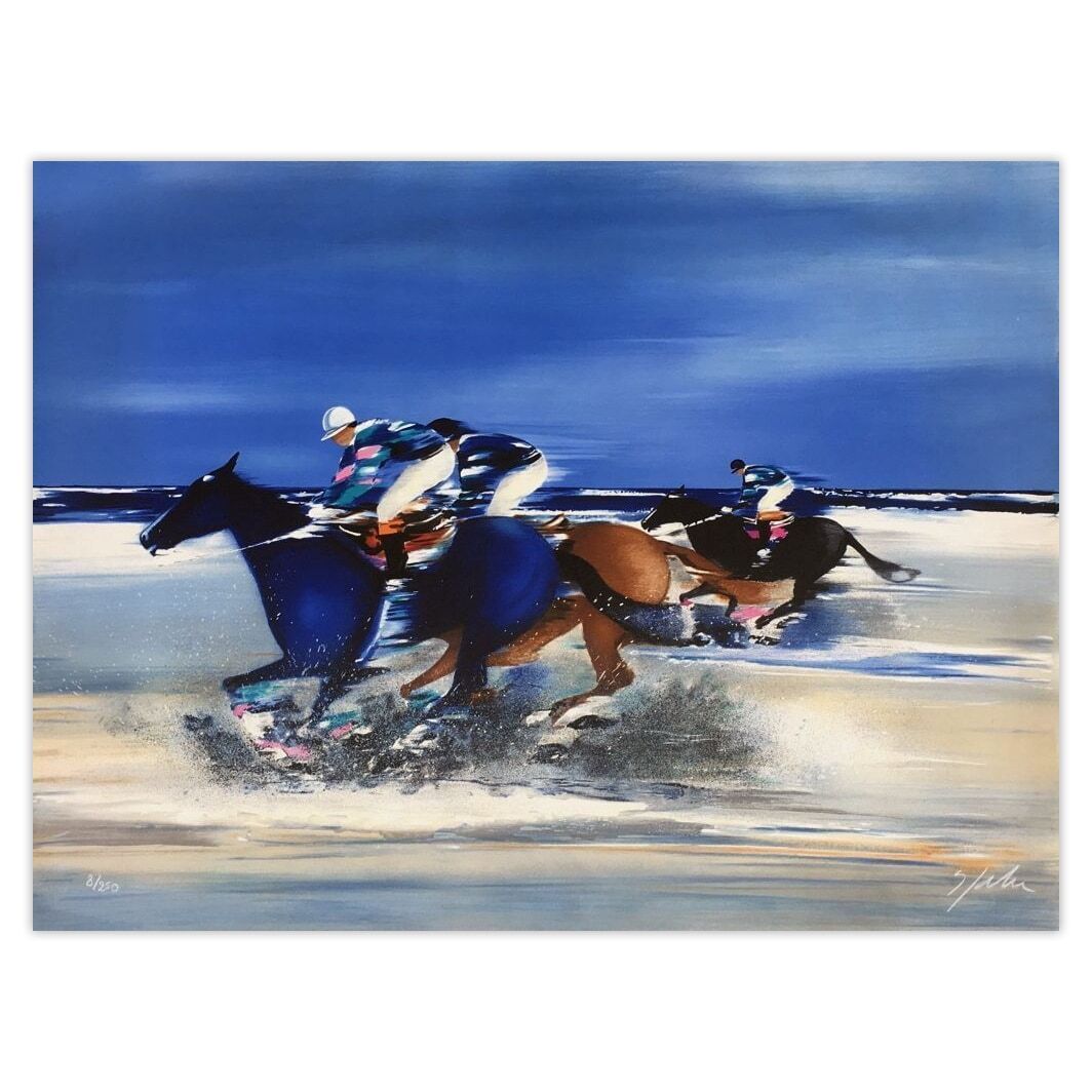 Victor Spahn Gesigneerde Lithografie Entrainement Des Jockeys à Deauville 1995