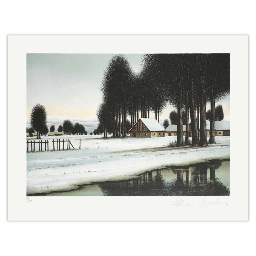 Jacques Deperthes Gesigneerde Lithografie La Rivière Sous La Neige 1985