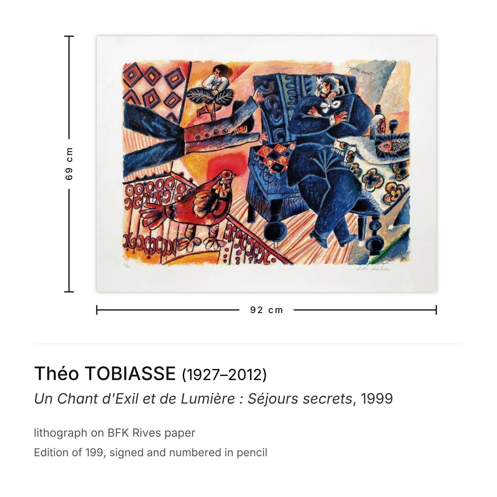 Théo Tobiasse gesigneerde lithografie Un Chant D'exil Et De Lumière : Séjours Secrets 1999 photo furniture