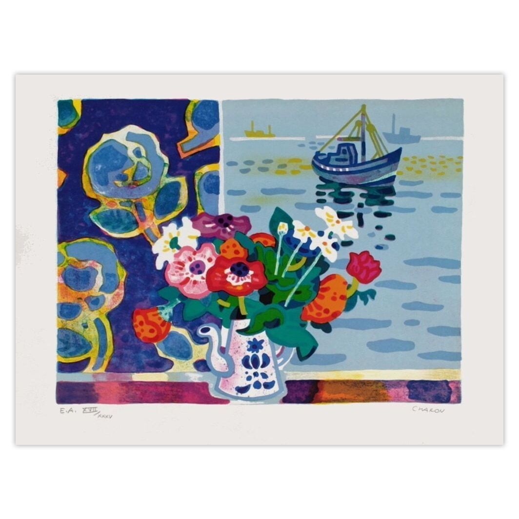 Guy Charon Gesigneerde Lithografie Bouquet Bord De Mer 1975