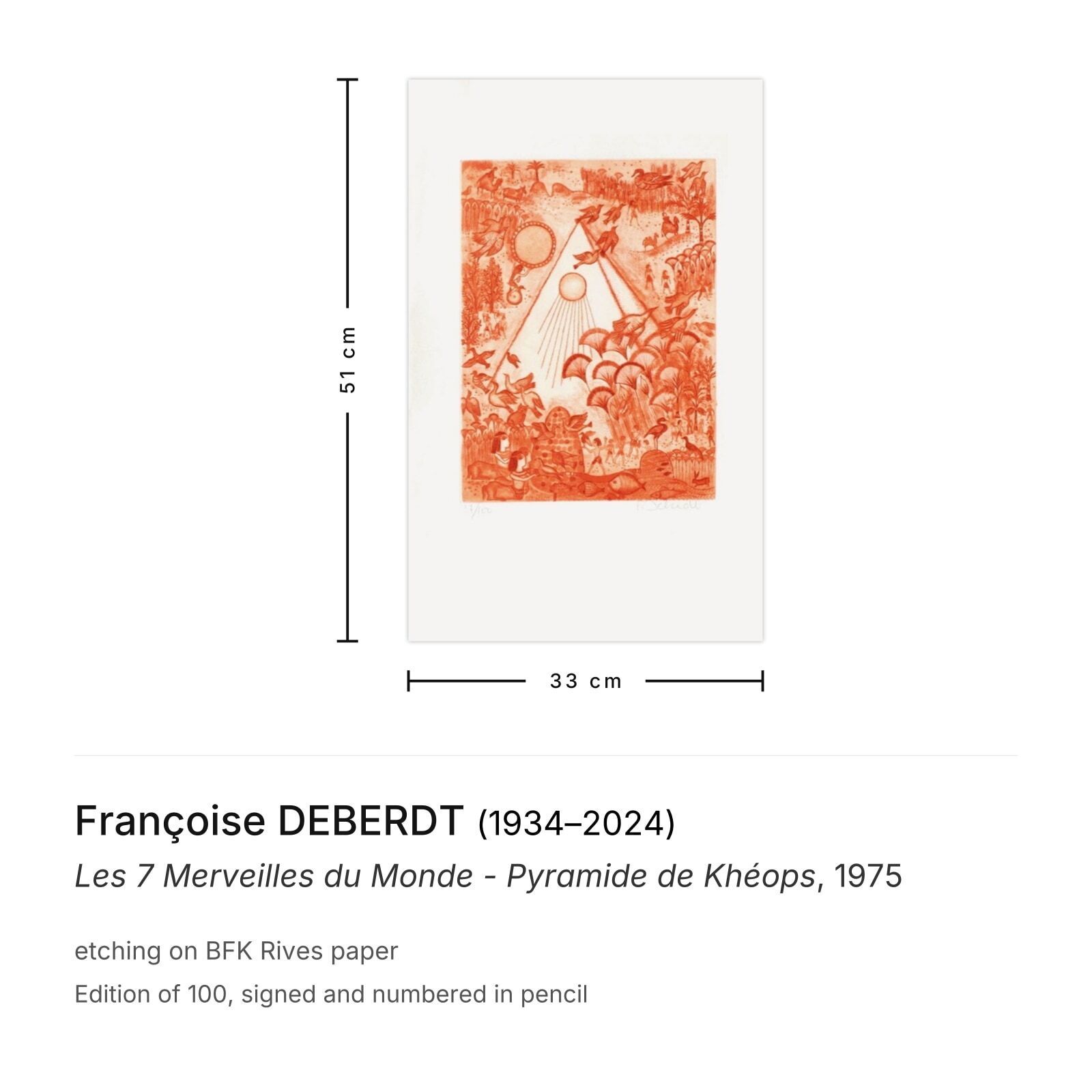 Françoise Deberdt Signed Etching Les 7 Merveilles Du Monde   Pyramide De Khéops 1975 photo furniture