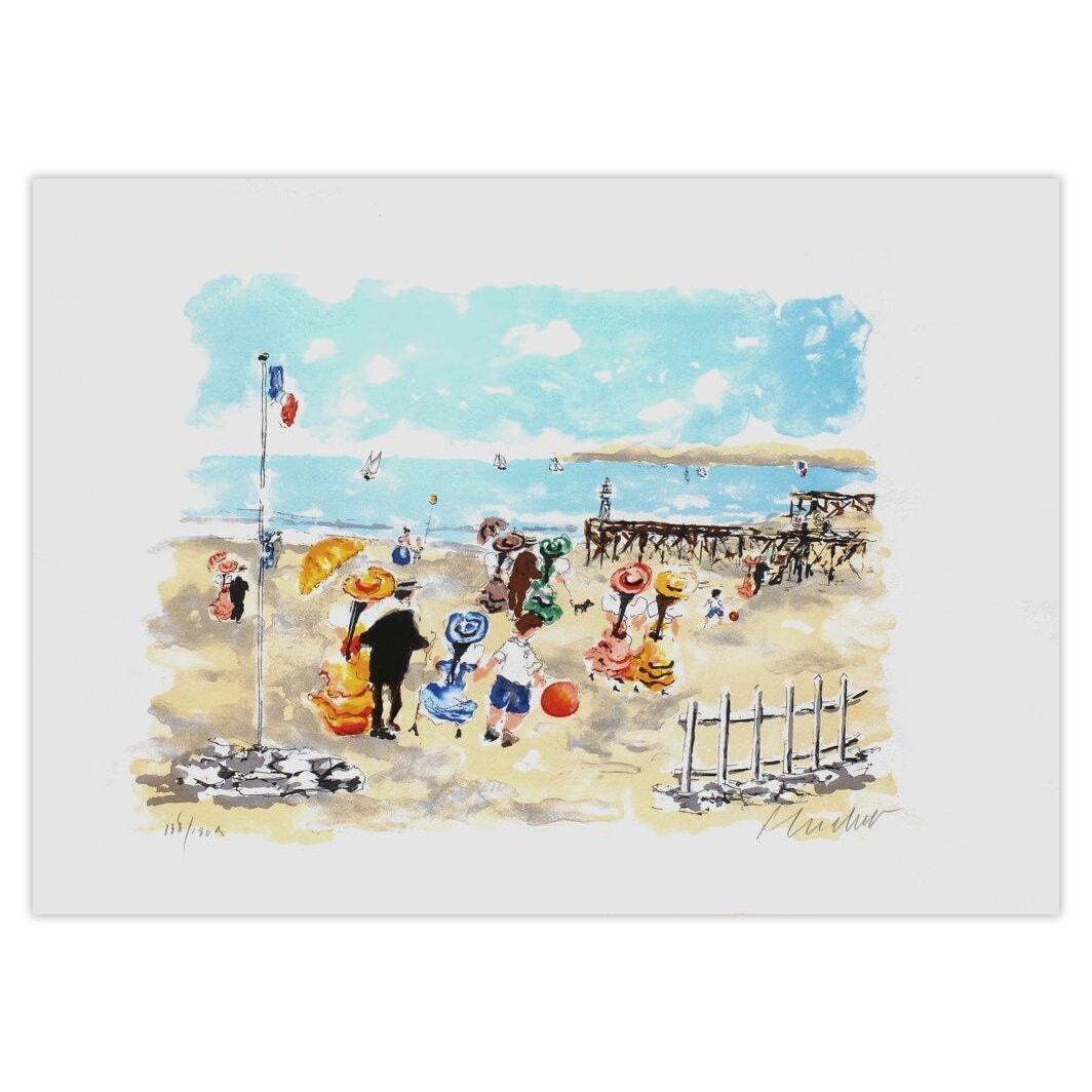 Urbain Huchet Gesigneerde Lithografie Bord De Plage 1980