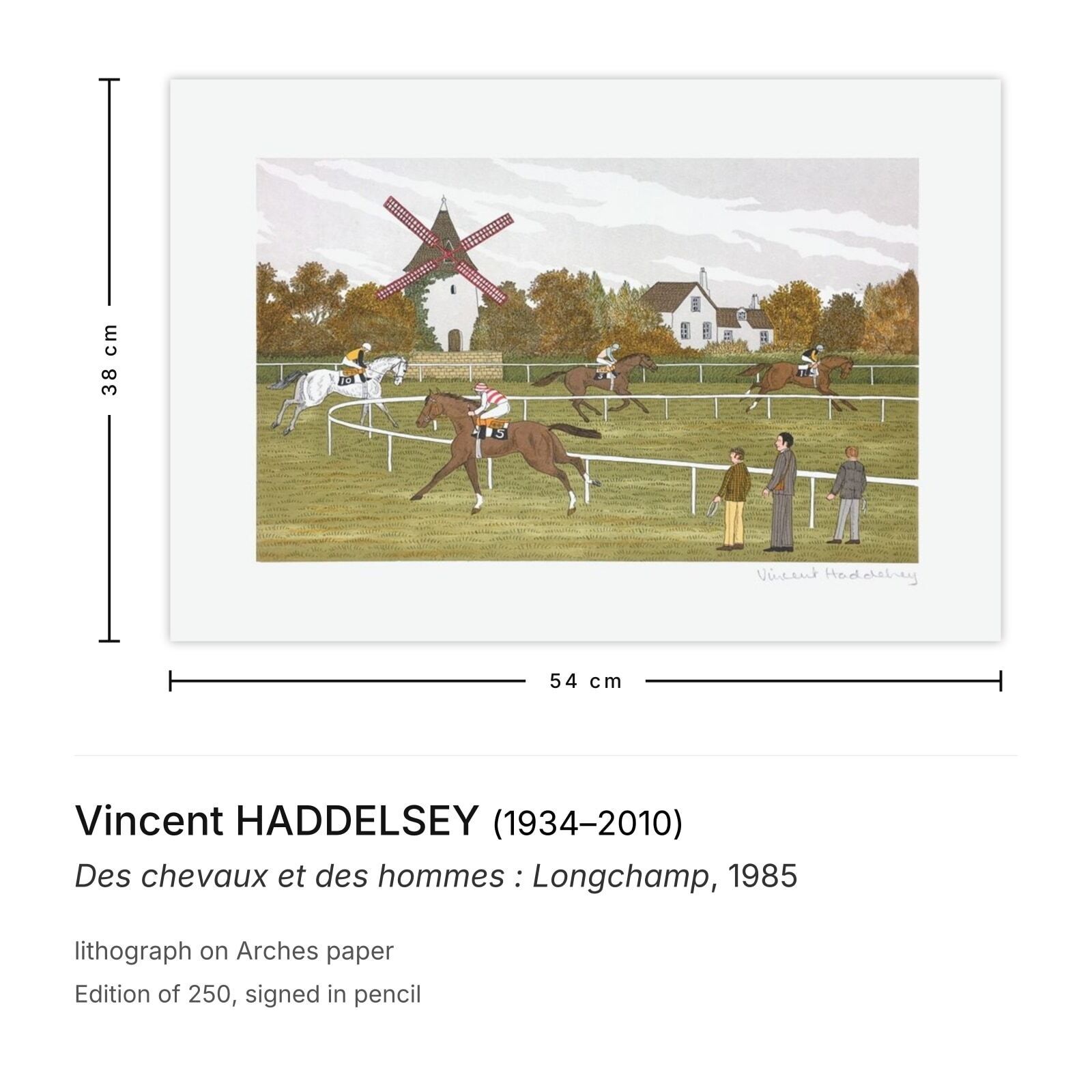 Vincent Haddelsey Gesigneerde Lithografie Des Chevaux Et Des Hommes : Longchamp 1985 photo furniture