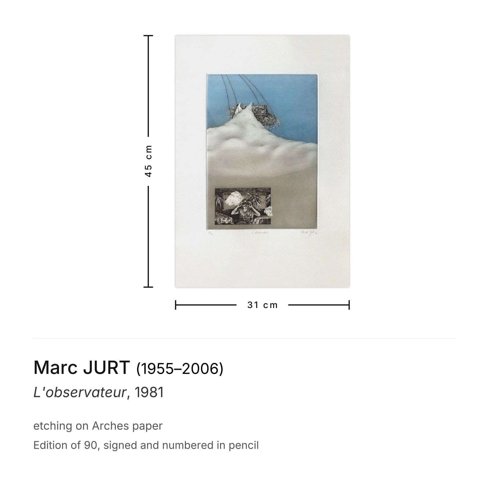 Marc Jurt Gesigneerde Ets L'observateur 1981 photo furniture