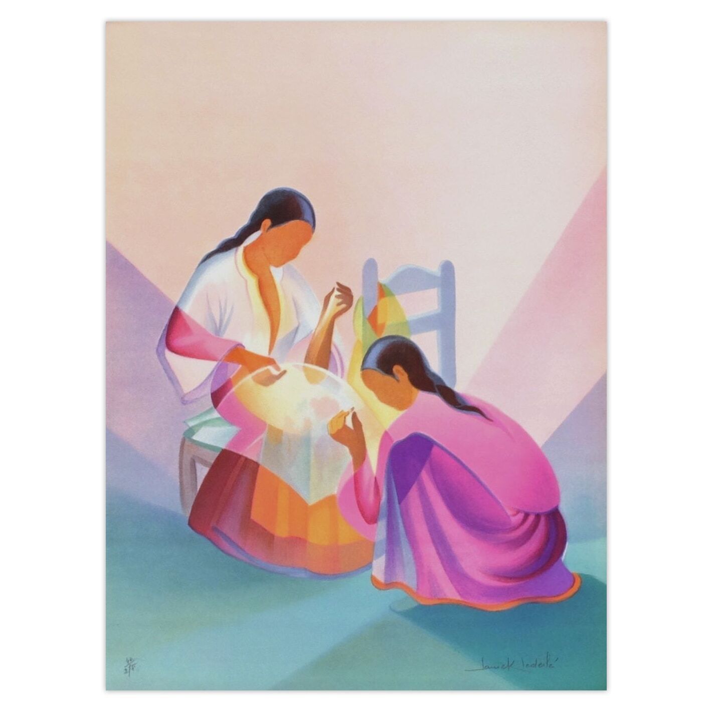 Janick Lederle Gesigneerde Lithografie Pérou Brodeuses 1990