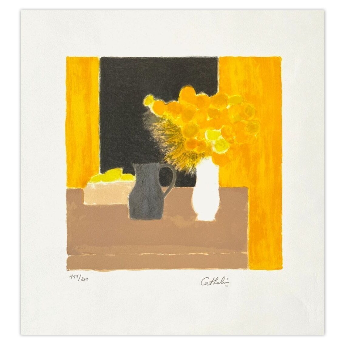 Bernard Cathelin Gesigneerde Lithografie Nature Morte Jaune Et Noire 1990