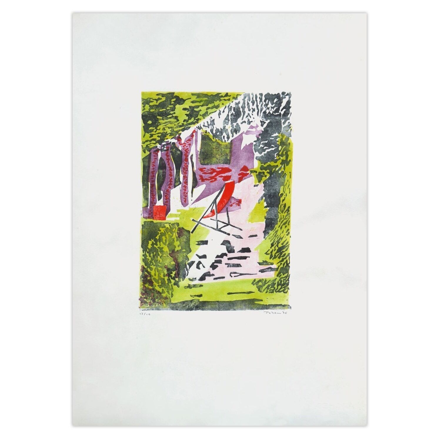 Monique Pehem (Breton Prouté) Gesigneerde Linosnede La Chaise Longue 1976