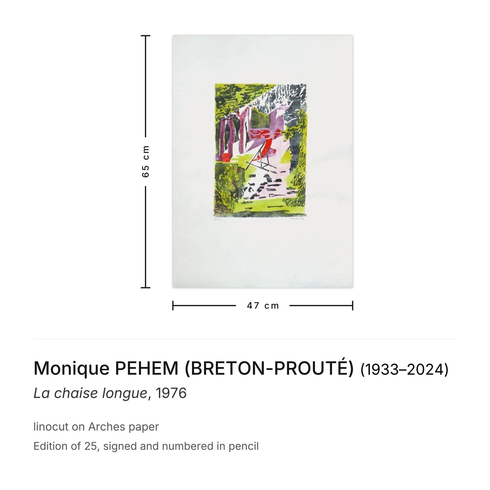 Monique Pehem (Breton Prouté) Gesigneerde Linosnede La Chaise Longue 1976 photo furniture