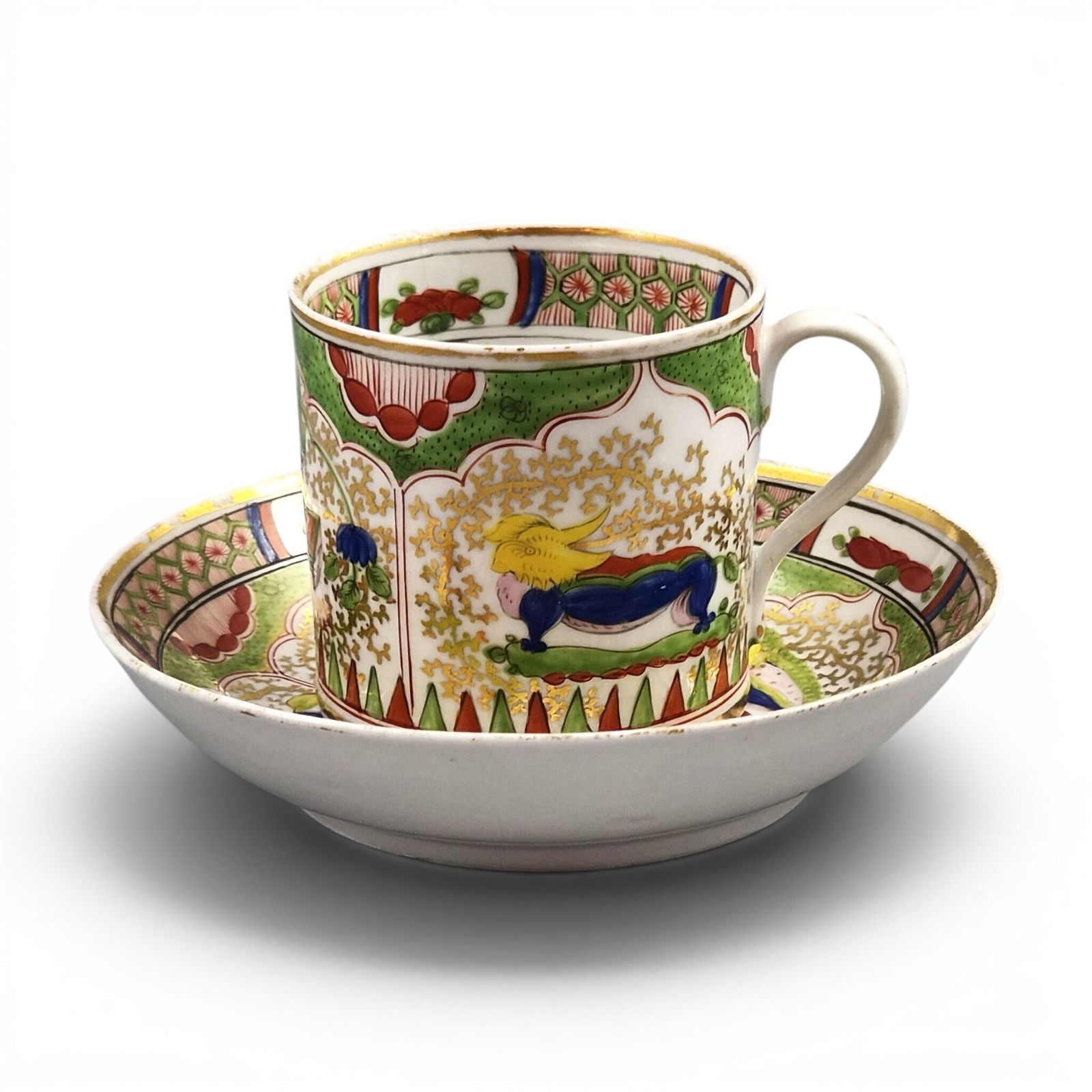 Worcester Dragon In Compartments Coffee Cup And Saucer, ca. 1820