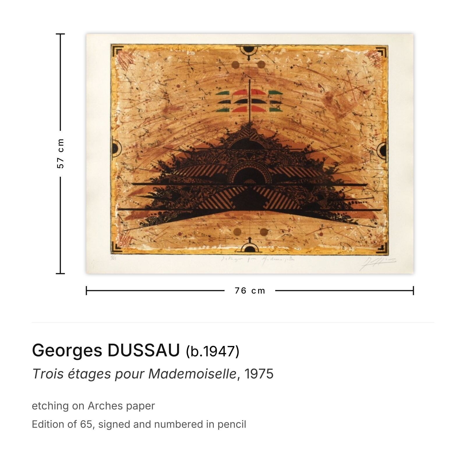 Georges Dussau Signed Etching Trois étages Pour Mademoiselle 1975 photo furniture
