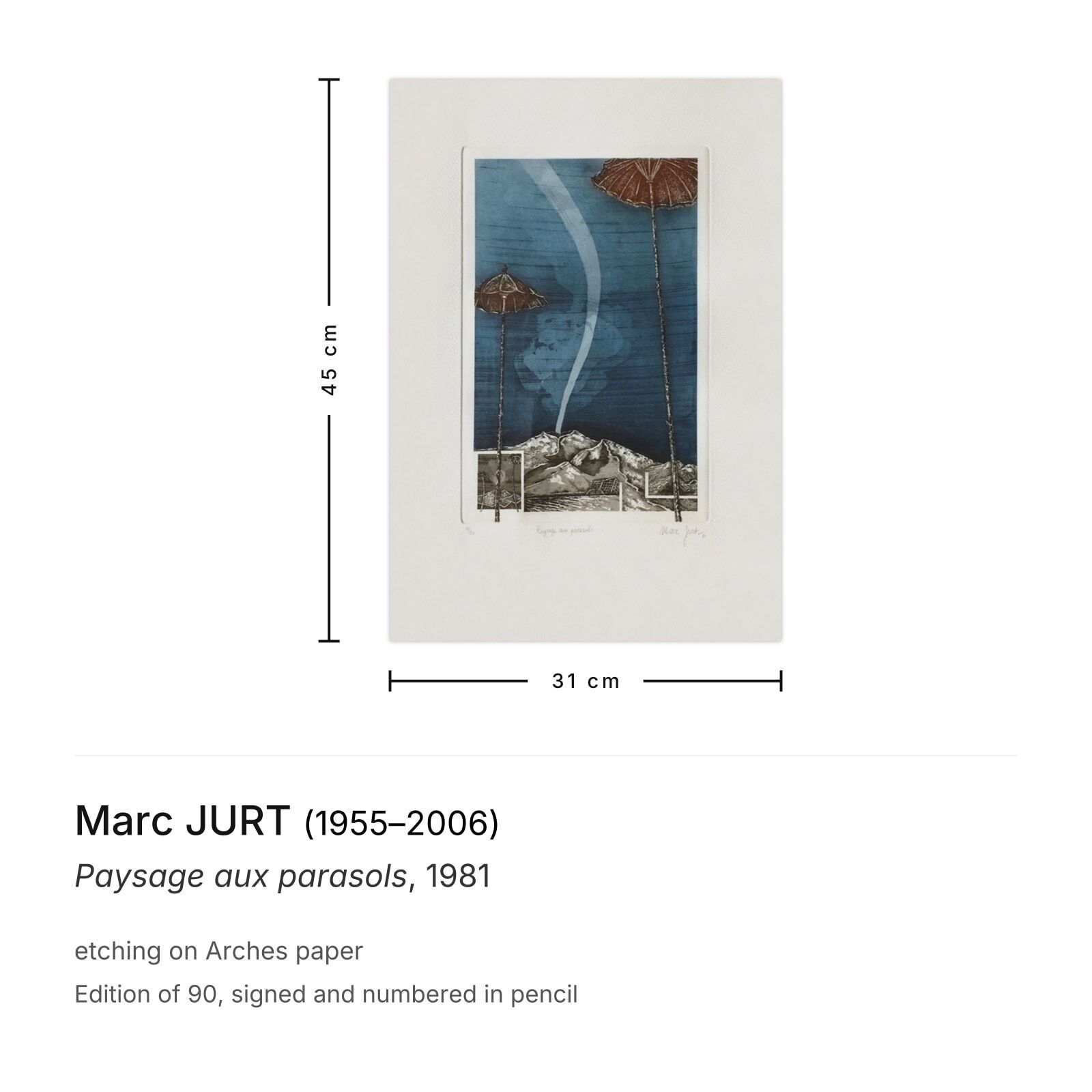 Marc Jurt Gesigneerde Ets Paysage Aux Parasols 1981 photo furniture