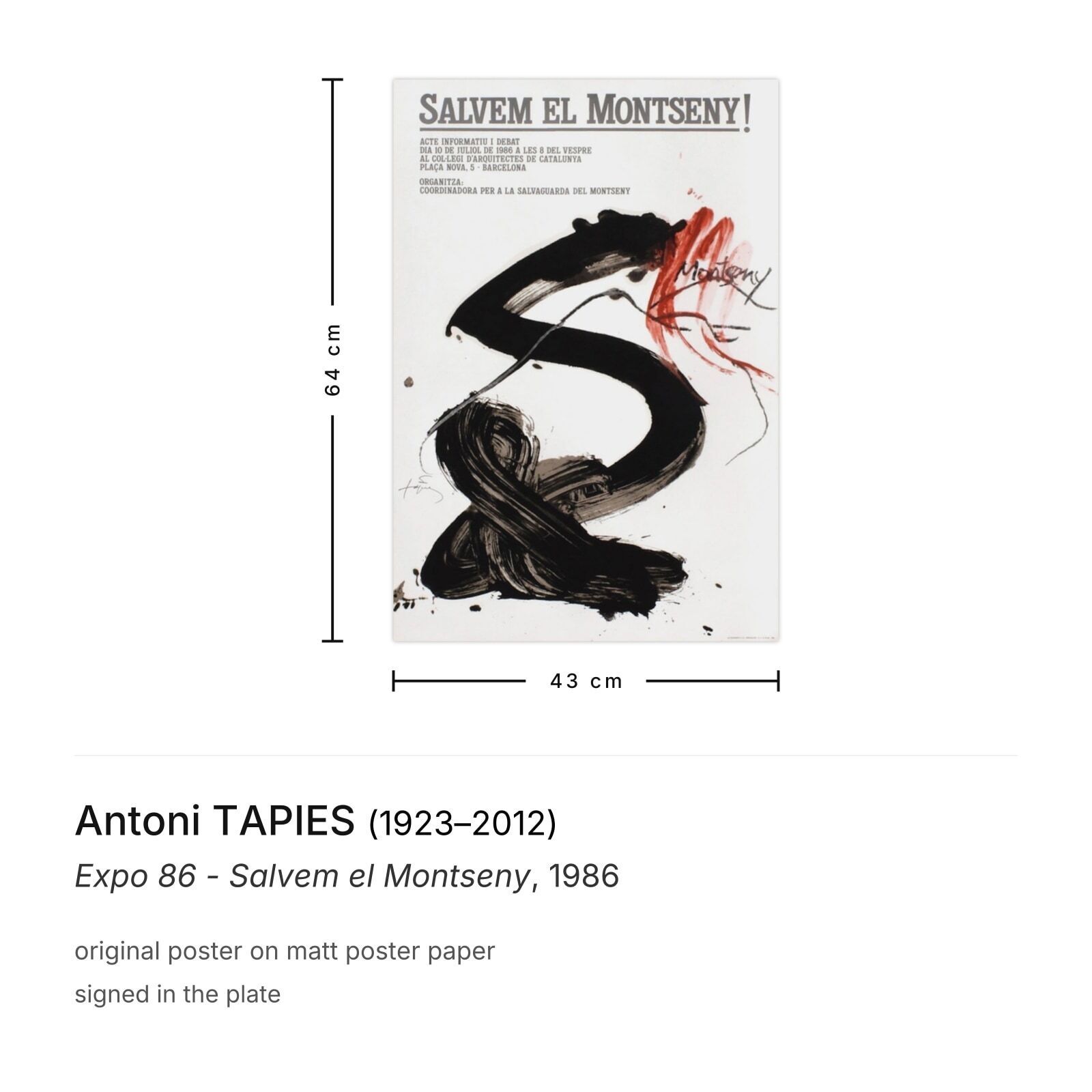 Antoni Tapies Poster Expo 86   Salvem El Montseny photo furniture