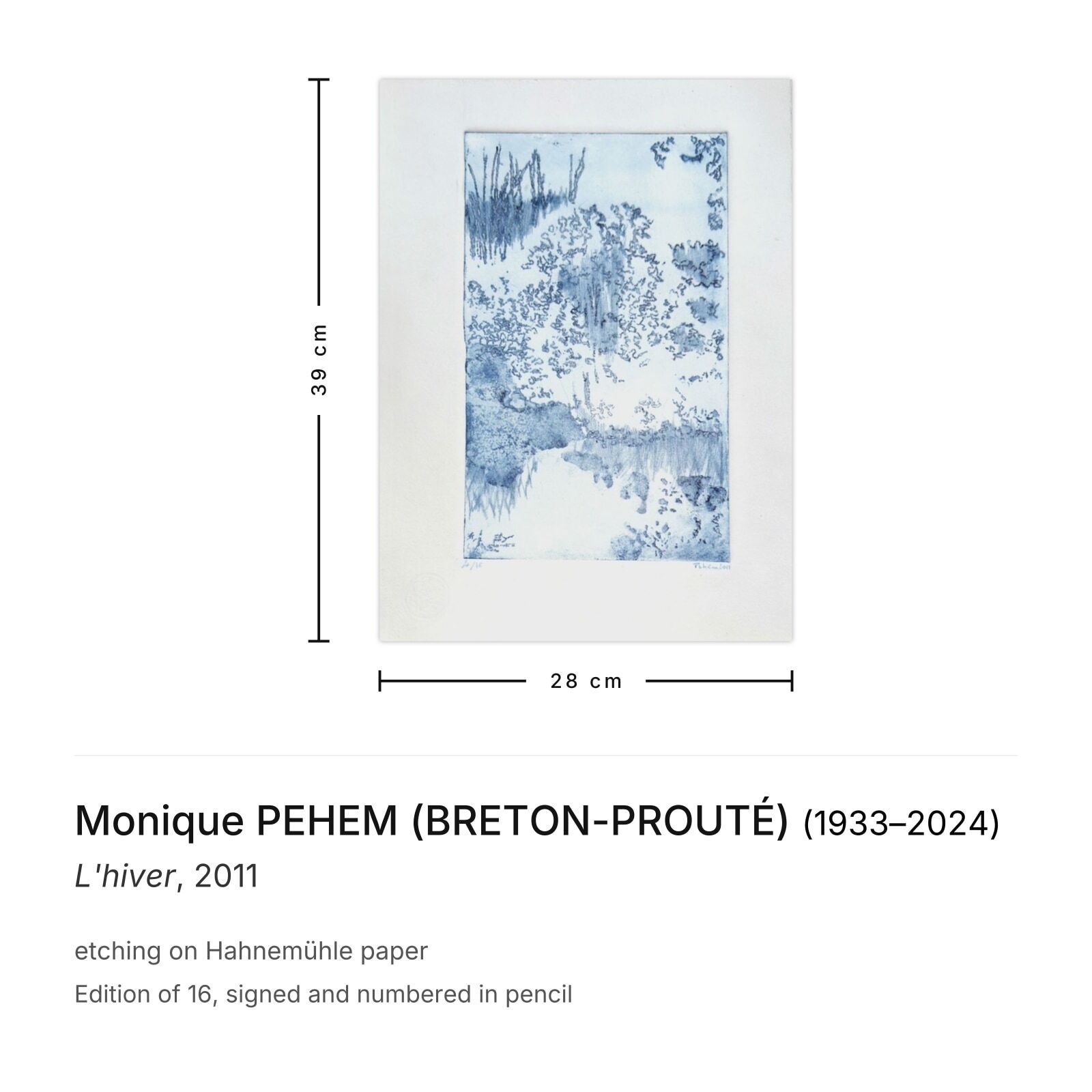 Monique Pehem (Breton Prouté) Gesigneerde ets L'hiver 2011 photo furniture