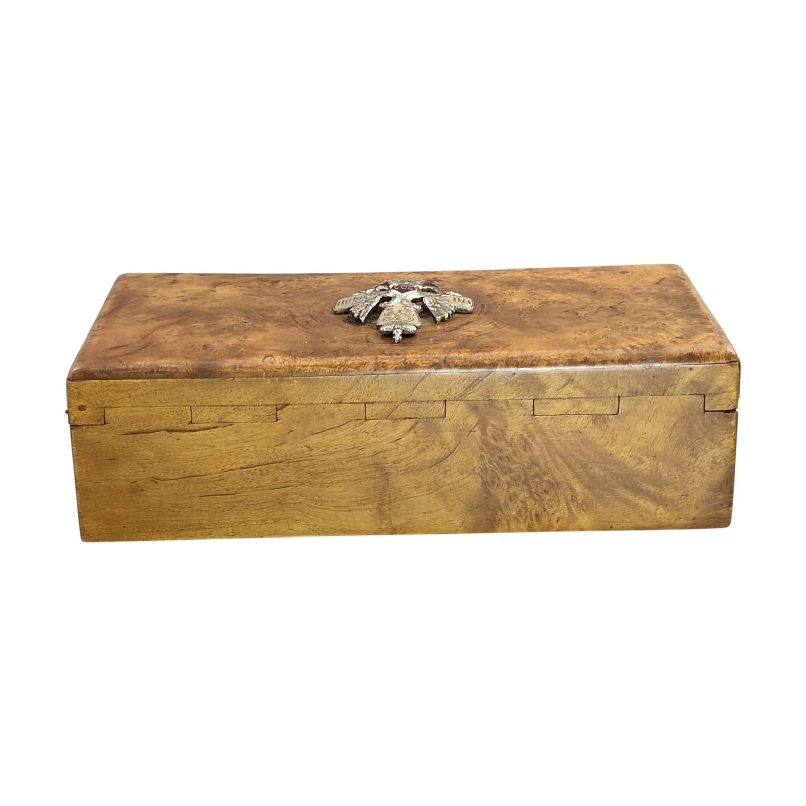 1914 Russian Karelian Birch Officer's Box With Silver Enamel Badge photo vintage