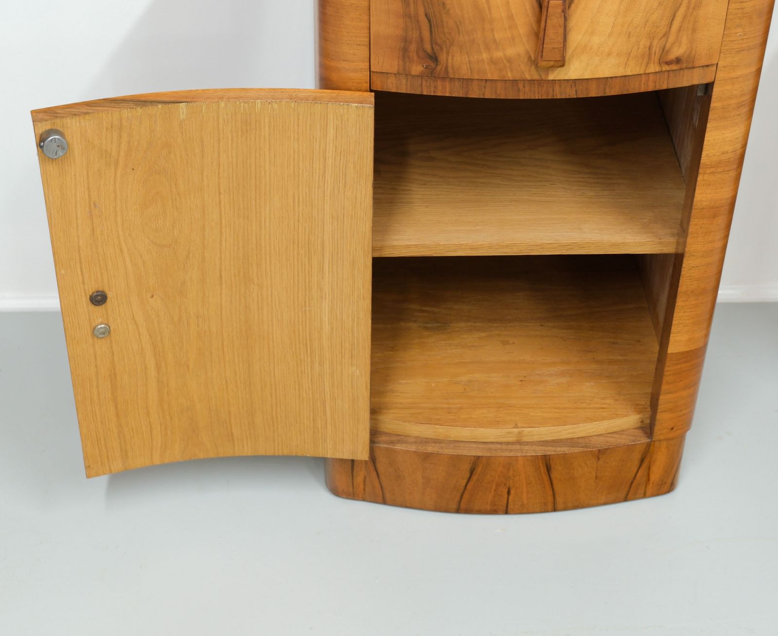 photo furniture Pair Art Deco Figured Walnut Bedside Cabinets 1930s
