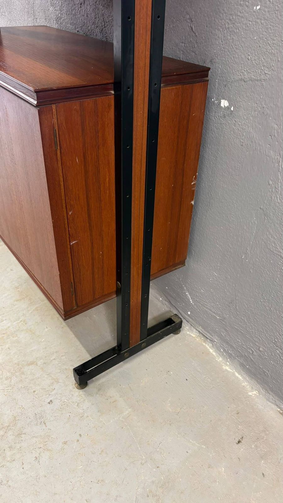 photo for sale Mid Century Modern Modular Wall Unit, Veneer & Black Metal Shelving Cabinet, 1960s, Europe