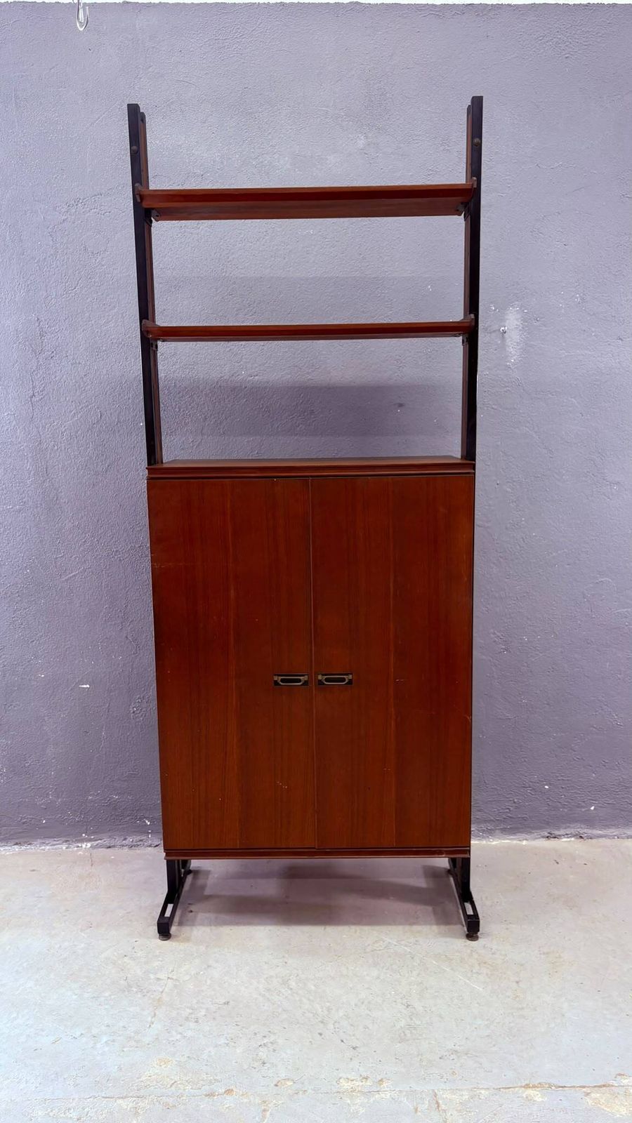 Mid Century Modern Modular Wall Unit, Veneer & Black Metal Cabinet, 1960s, Europe photo furniture