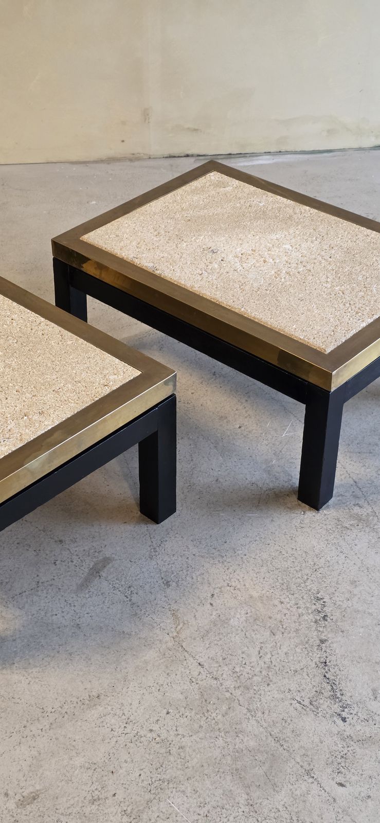Set Of 2 Travertine And Brass Sidetables, 1970s photo Furniture