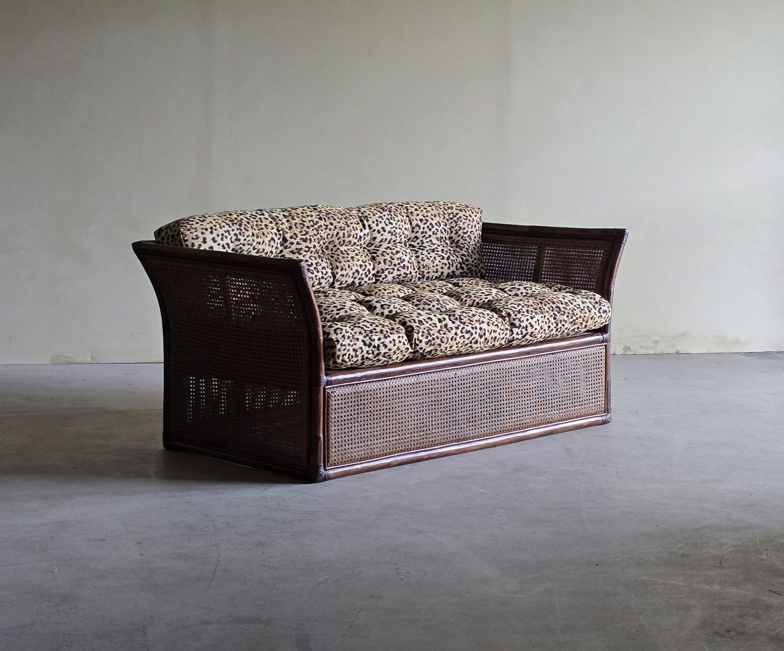 Vintage Rattan & Reed Two Seater Lounge Armchair With Leopard Upholstery