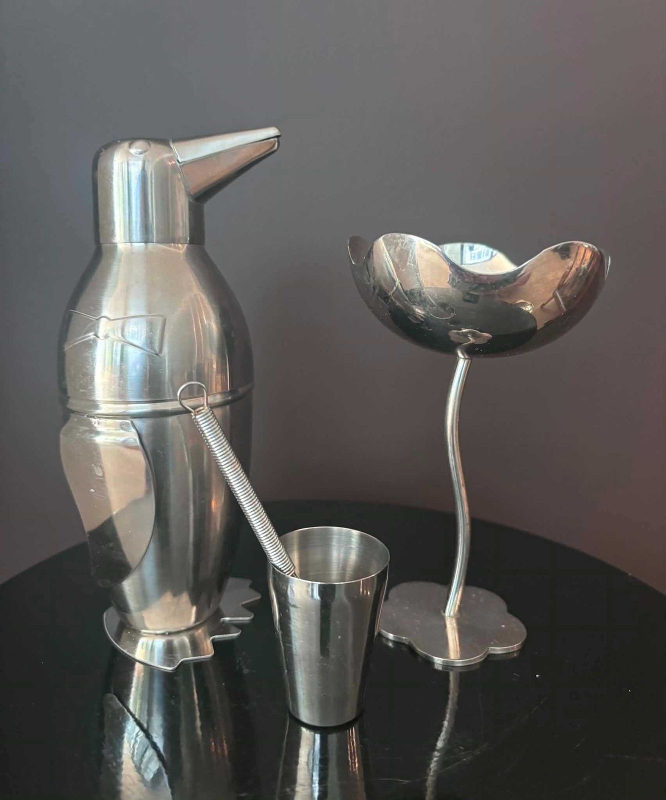Vintage Mix And Match Stainless Steel Cocktail Bar Set – Penguin Shaker, Modernist Flower Coupe, Jigger & Mini Whisk photo for sale