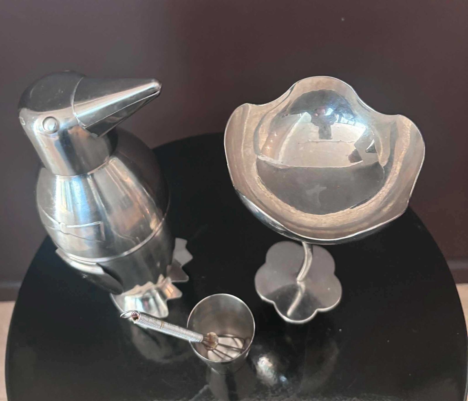Vintage Mix And Match Stainless Steel Cocktail Bar Set – Penguin Shaker, Modernist Flower Coupe, Jigger & Mini Whisk photo vinterior