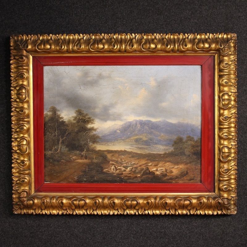 Paysage italien avec voyageurs, huile sur toile datée 1845