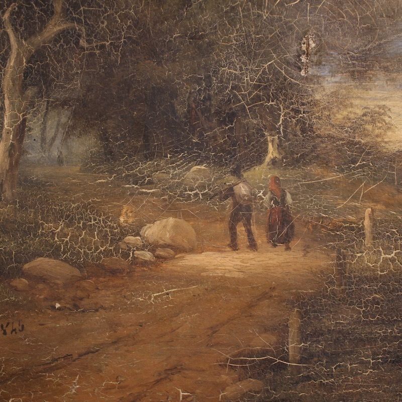 Paysage italien avec voyageurs, huile sur toile datée 1845 photo vintage