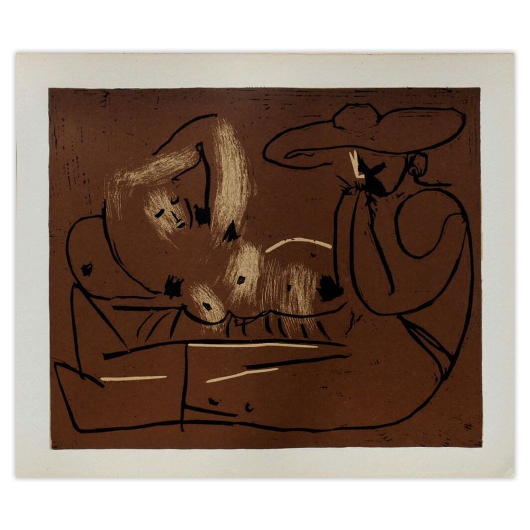 Pablo Picasso Linocut Lc Femme Couchée Et Homme Au Grand Chapeau 1962