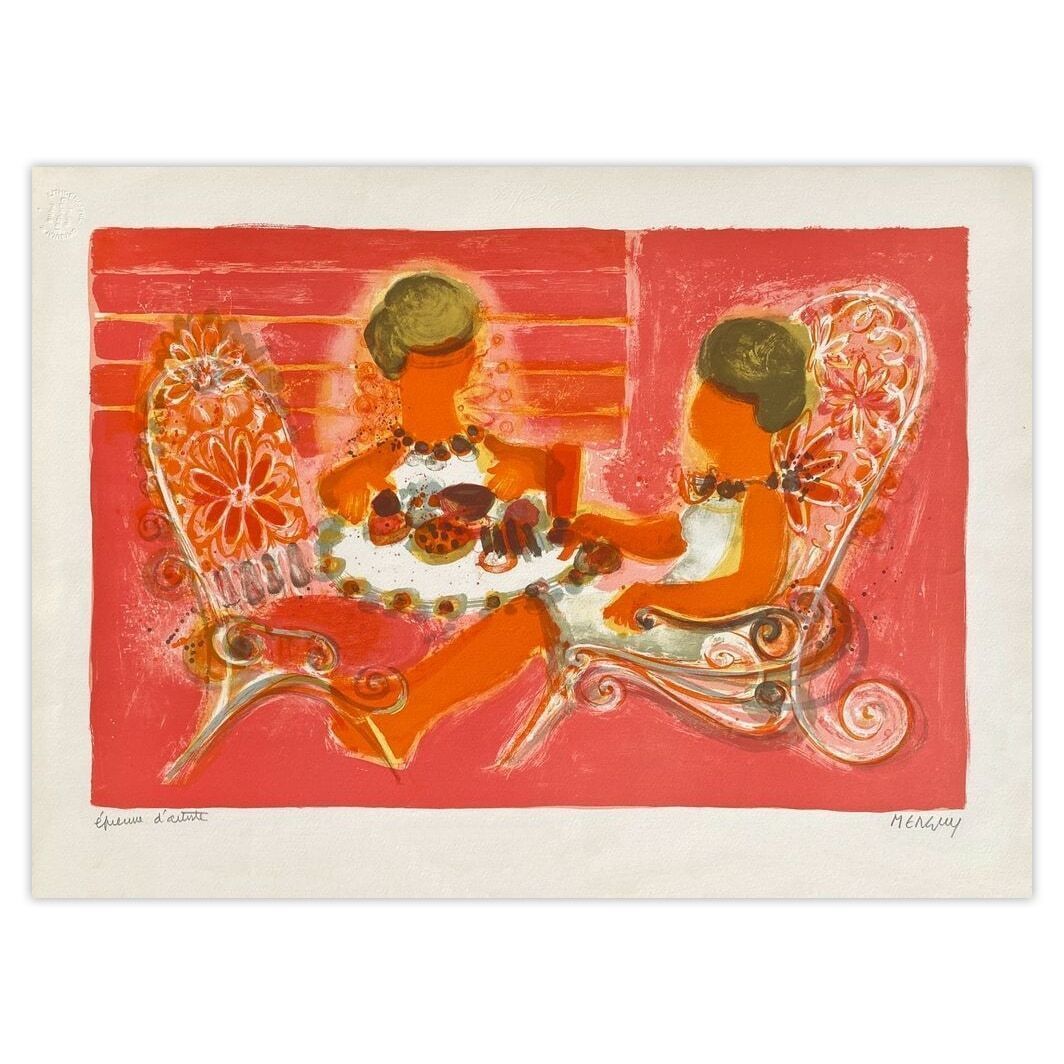 Frédéric Menguy Gesigneerde Lithografie 1969 Femmes Prenant Le Thé
