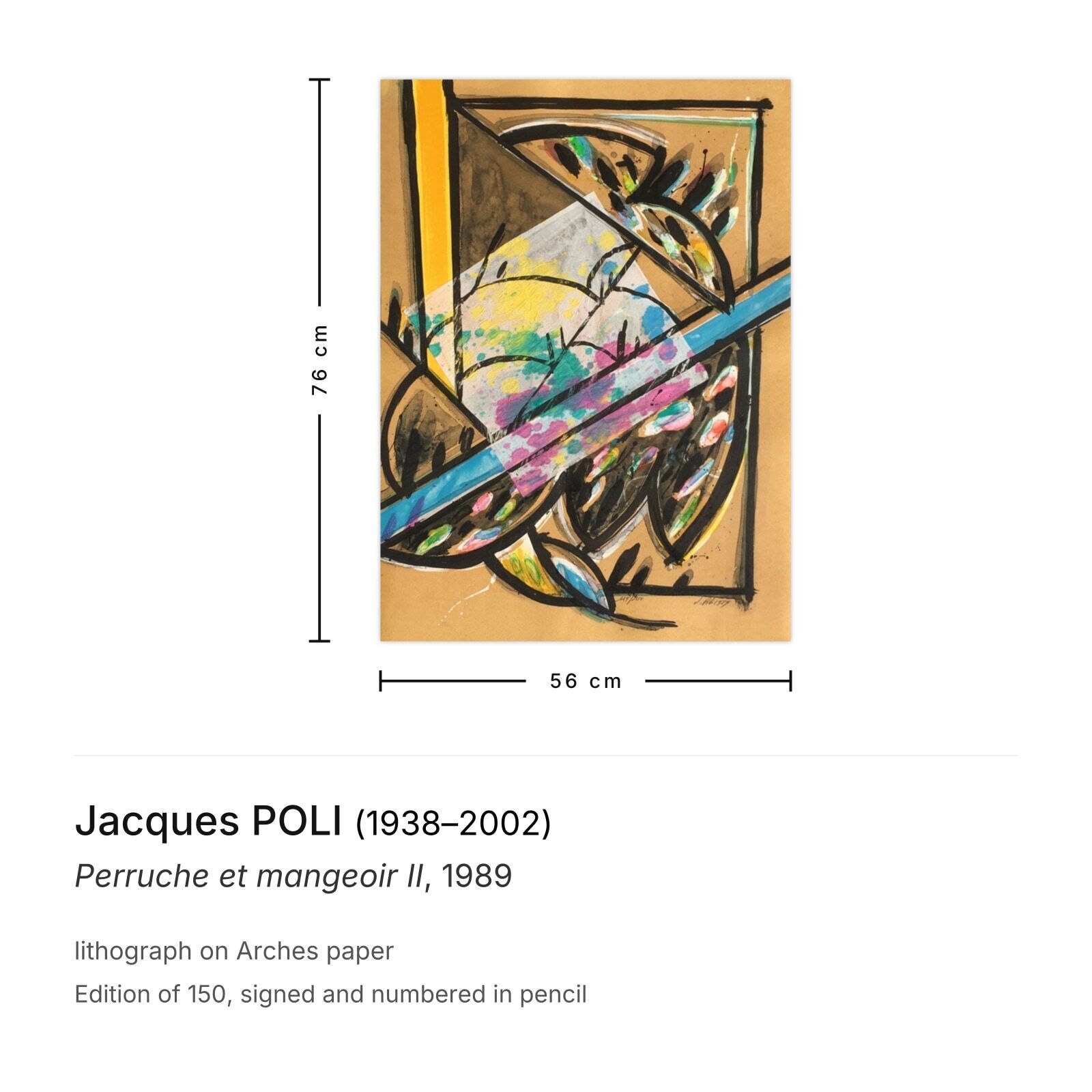 Jacques Poli Gesigneerde Lithografie Perruche Et Mangeoir II 1989 photo furniture