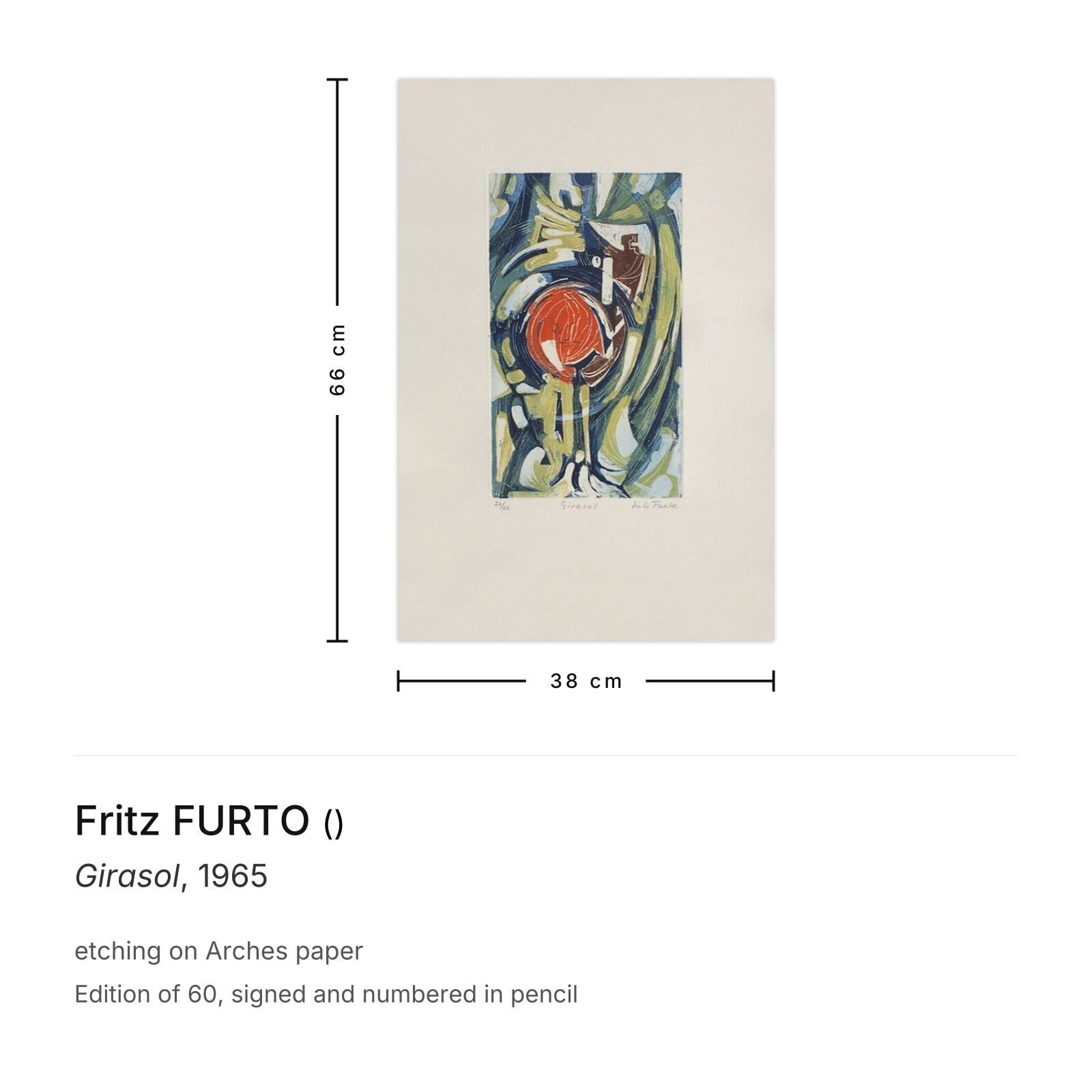 Fritz Furto Gesigneerde Ets Girasol 1965 photo furniture