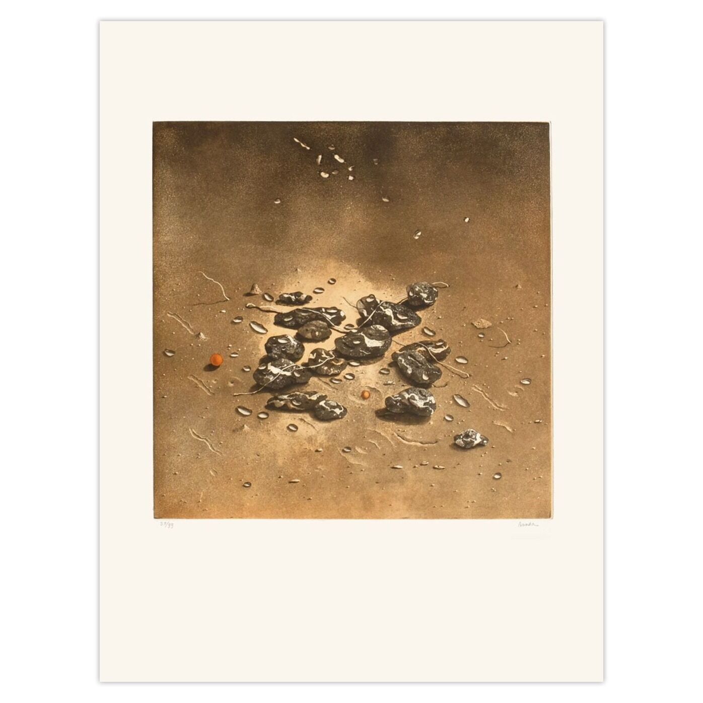 Hiroshi Asada Gesigneerde Aquatint Deux Billes Et Des Pierres 1975