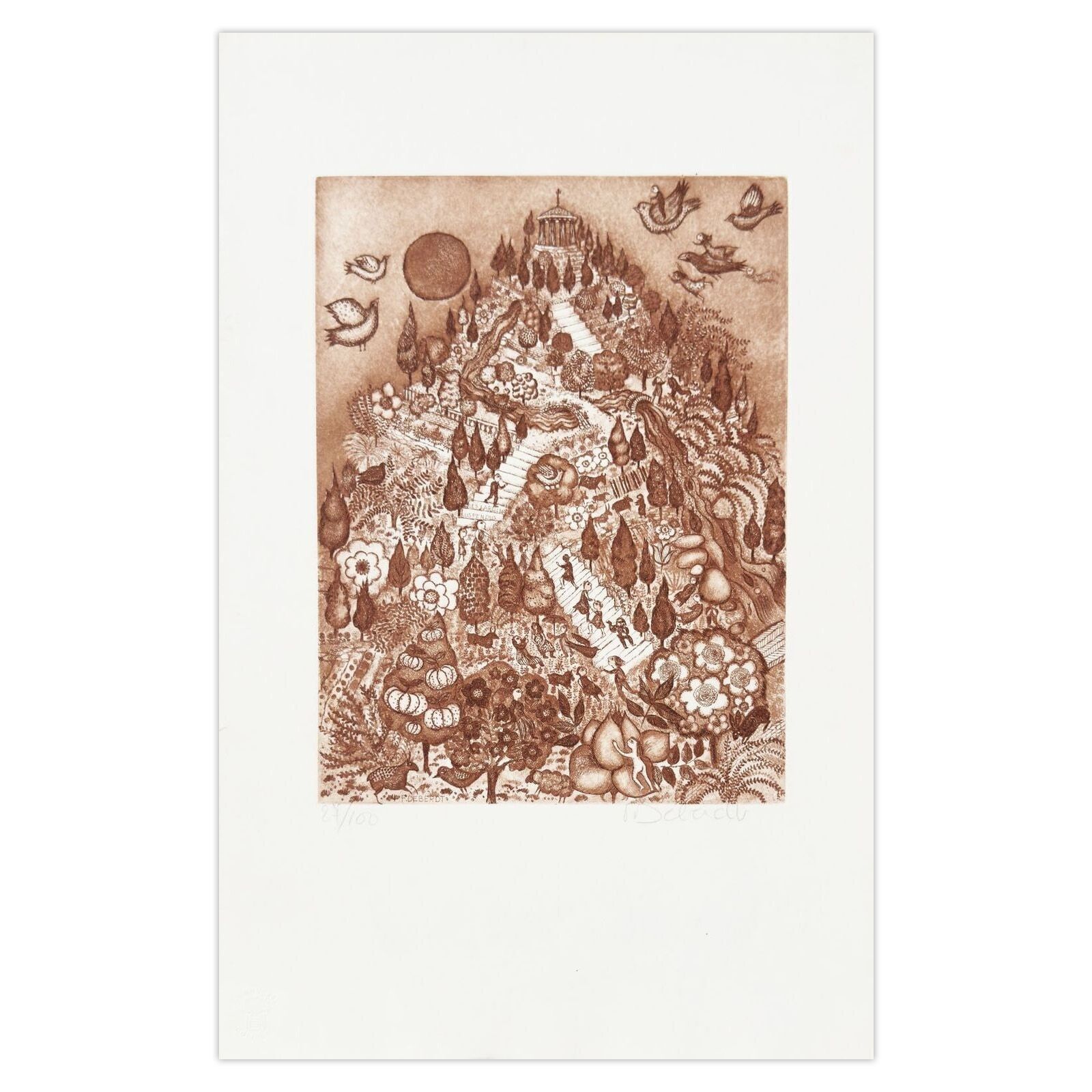 Françoise Deberdt Gesigneerde Ets Les 7 Merveilles Du Monde Jardins Suspendus De Babylone 1975