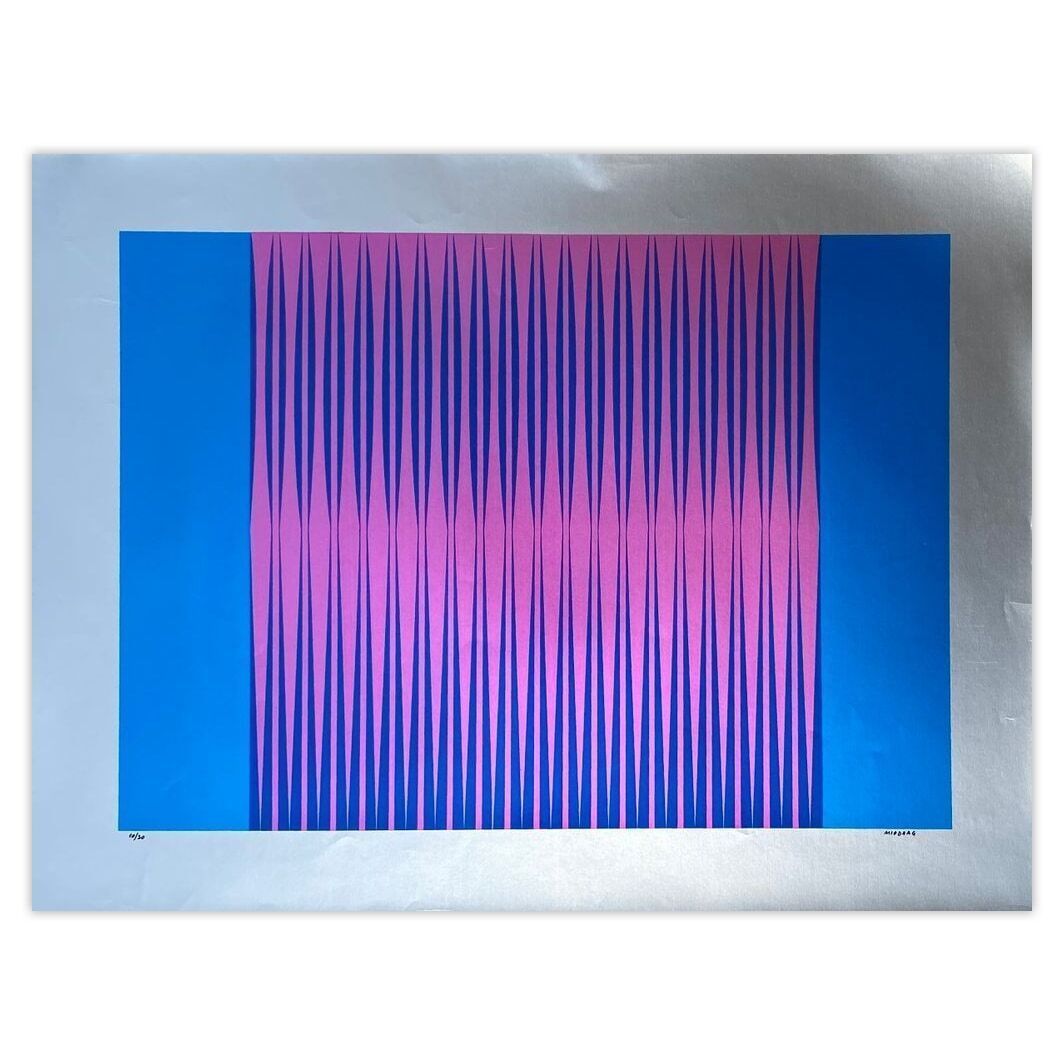 Dordevic Miodrag Gesigneerde Zeefdruk Composition Cinétique Rose Et Bleu Fond Argent 1975