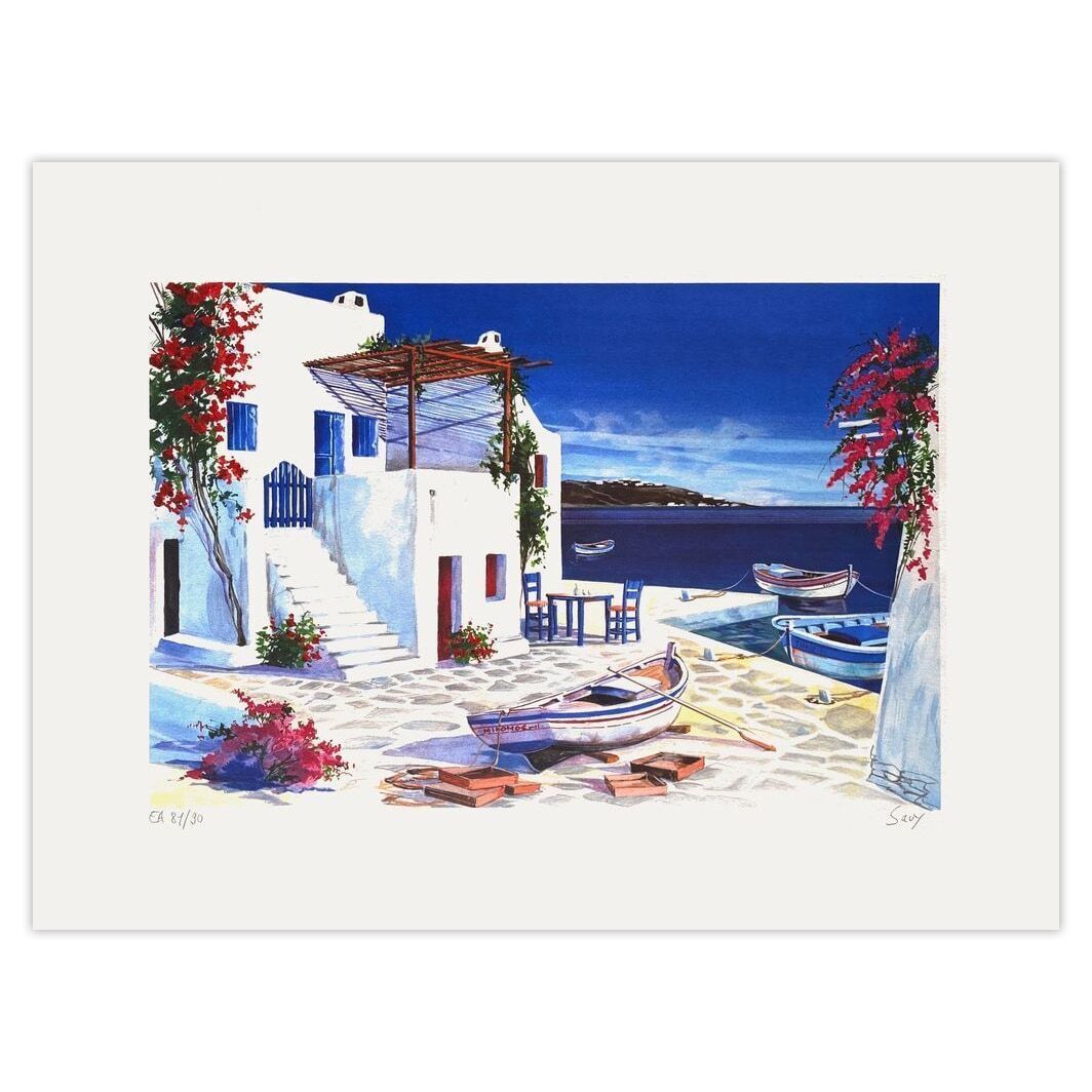 André Savy Alias Bongibault Gesigneerde Lithografie Grèce La Villa Blanche Sur Le Port 1995