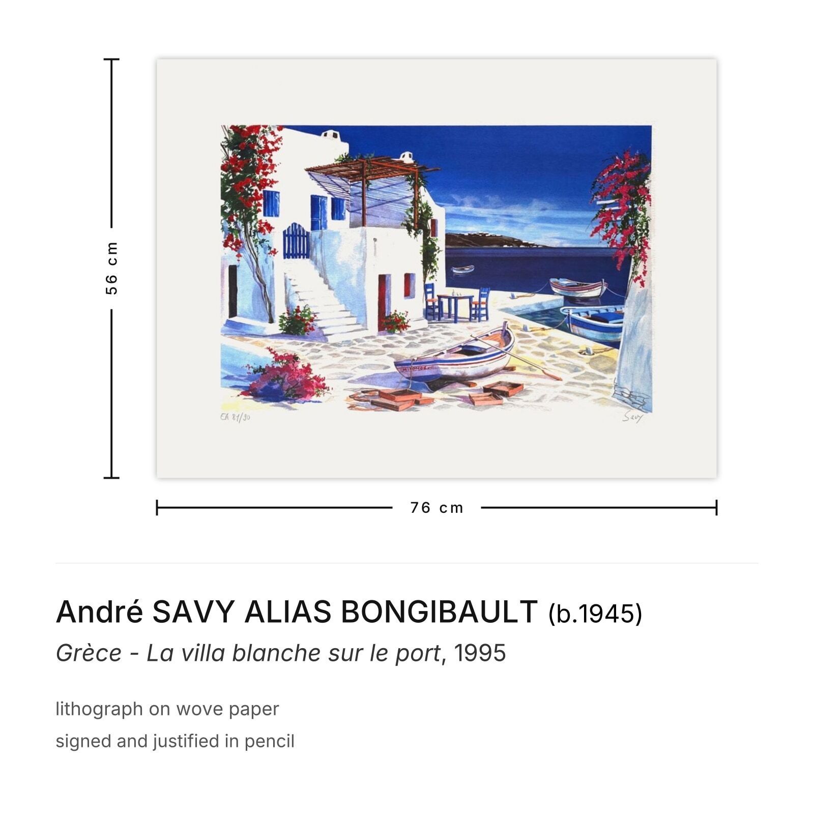 André Savy Alias Bongibault Signed Lithograph Grèce   La Villa Blanche Sur Le Port 1995 photo furniture