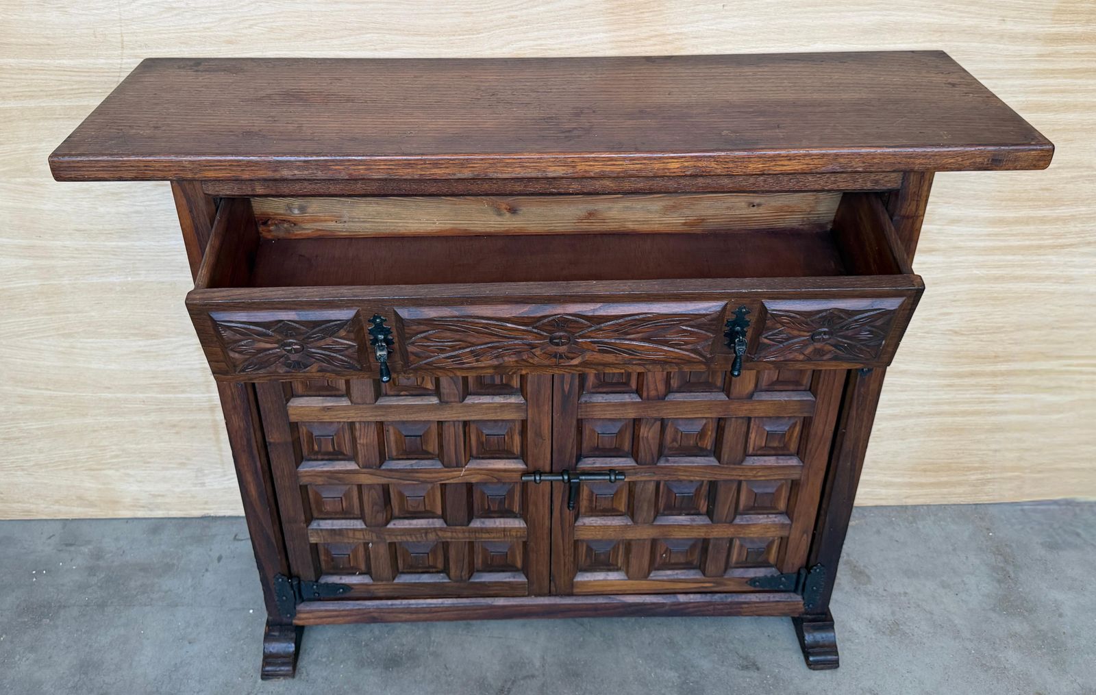 photo for sale Antique Spanish Carved Walnut Cabinet With Drawer And Two Doors