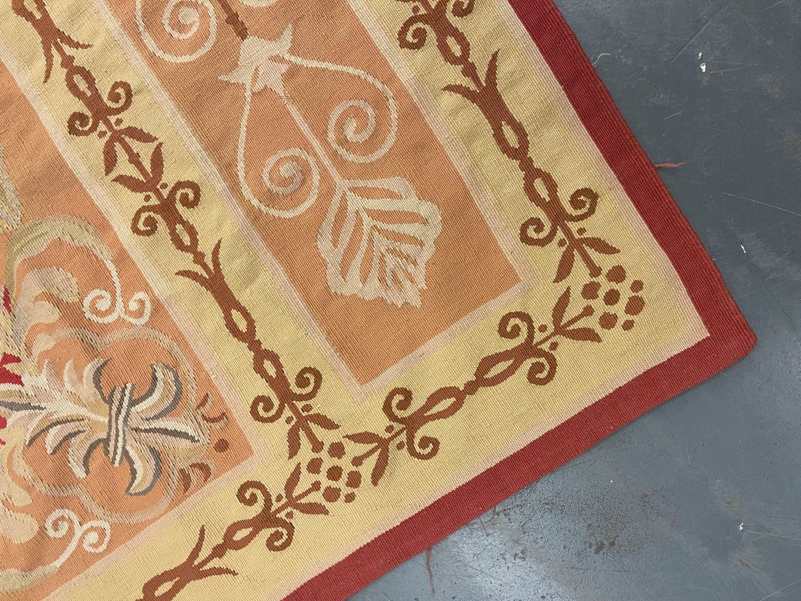 Exceptional Rug Handmade Aubusson Rug French Carpet Vintage Rust Beige Wool Rugs photo for sale