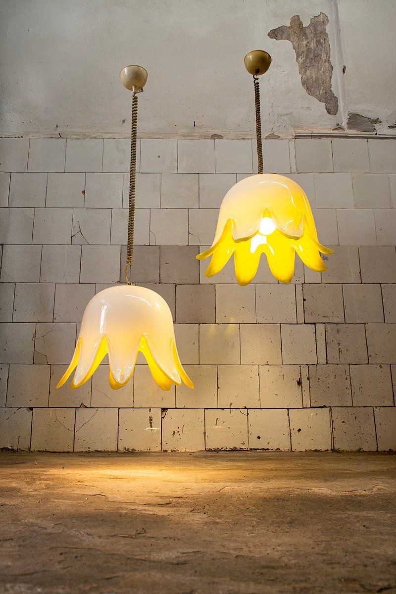 Gele Murano Glazen Bloemen Hanglamp van Leucos, jaren 1970 photo furniture