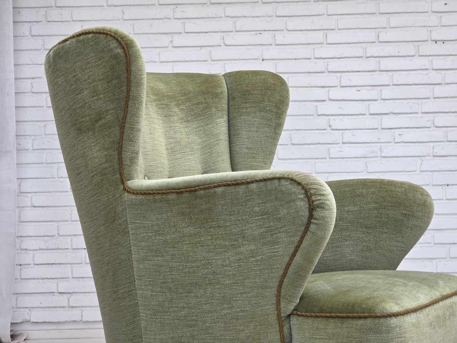 1960s, Scandinavian Armchair, Green Furniture Velour, Oak Wood Legs. photo for sale