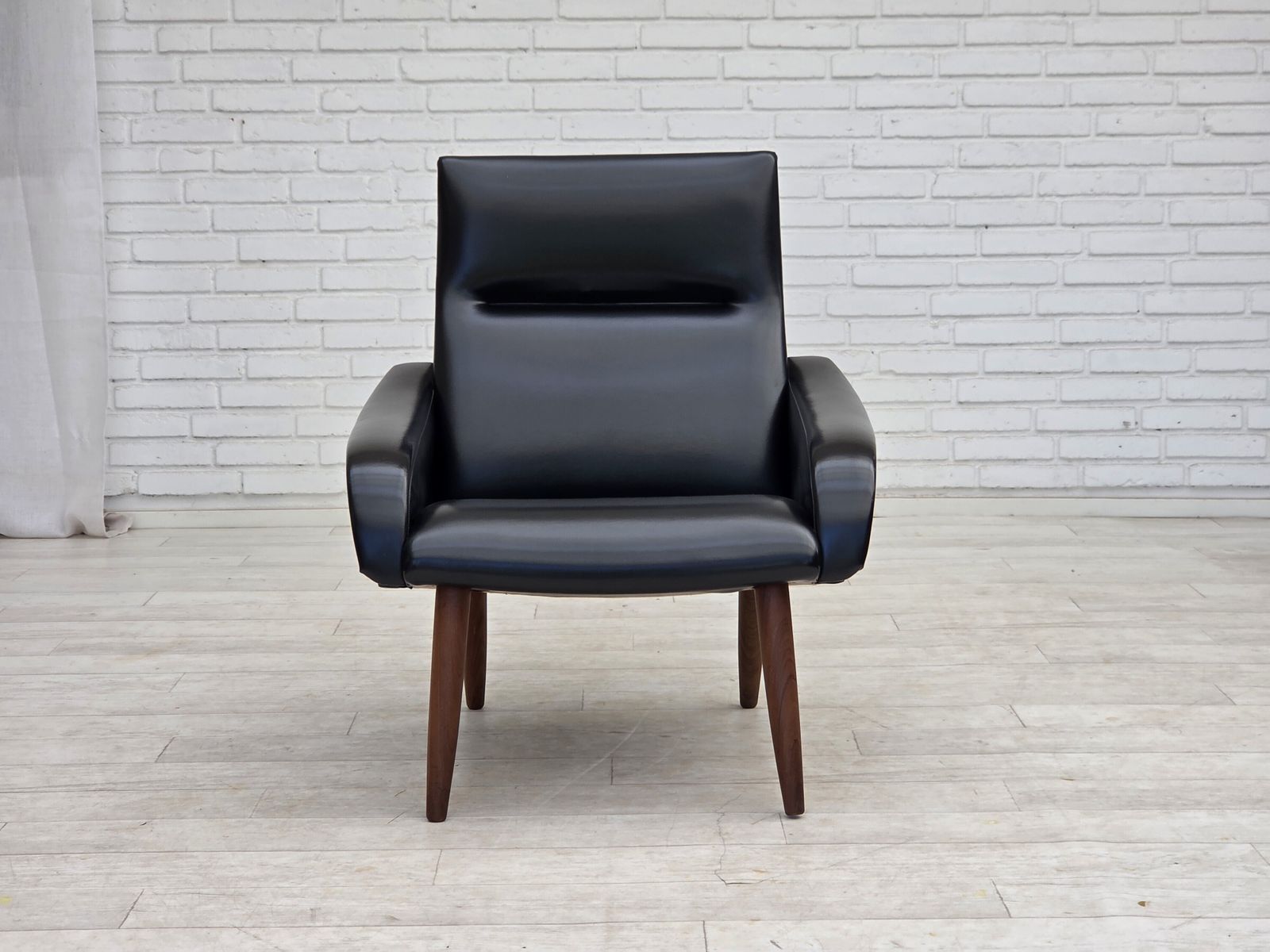 1970s, Danish Armchair, Black Artificial Leather, Teak Wood Legs. photo vinterior