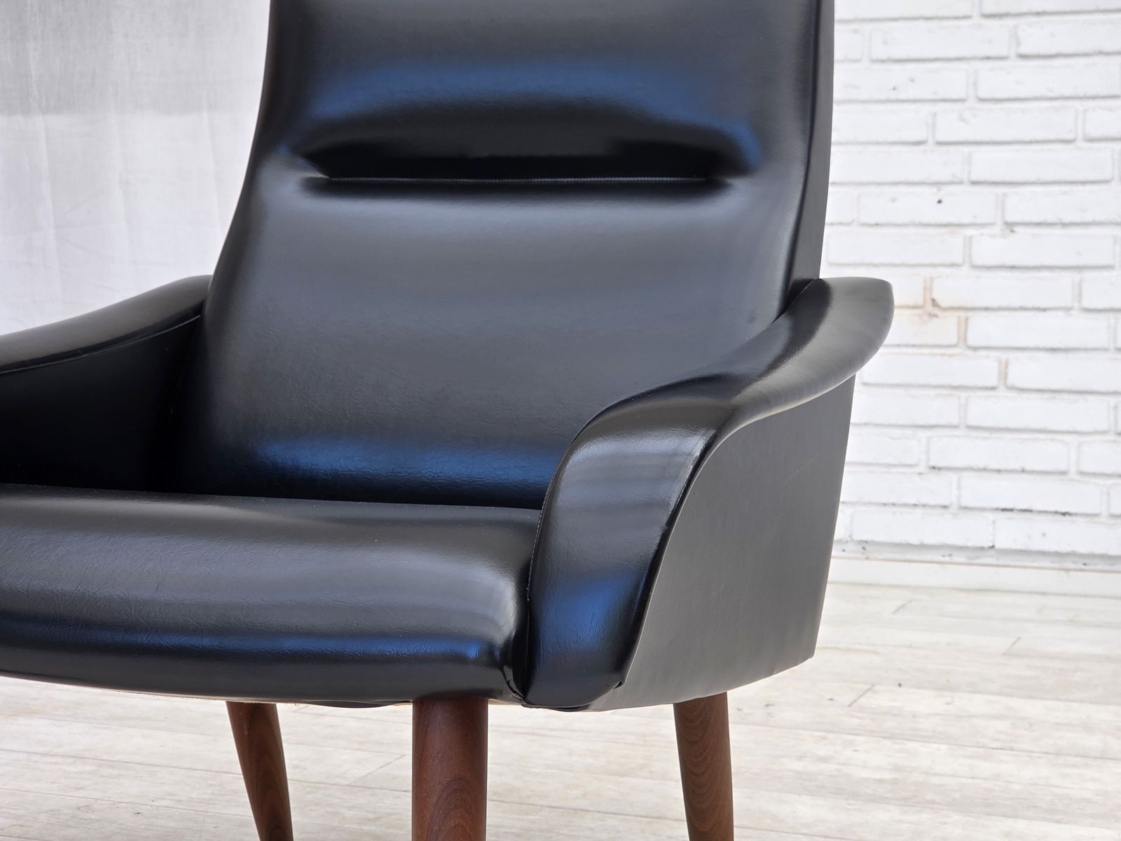 1970s, Danish Armchair, Black Artificial Leather, Teak Wood Legs. photo buy