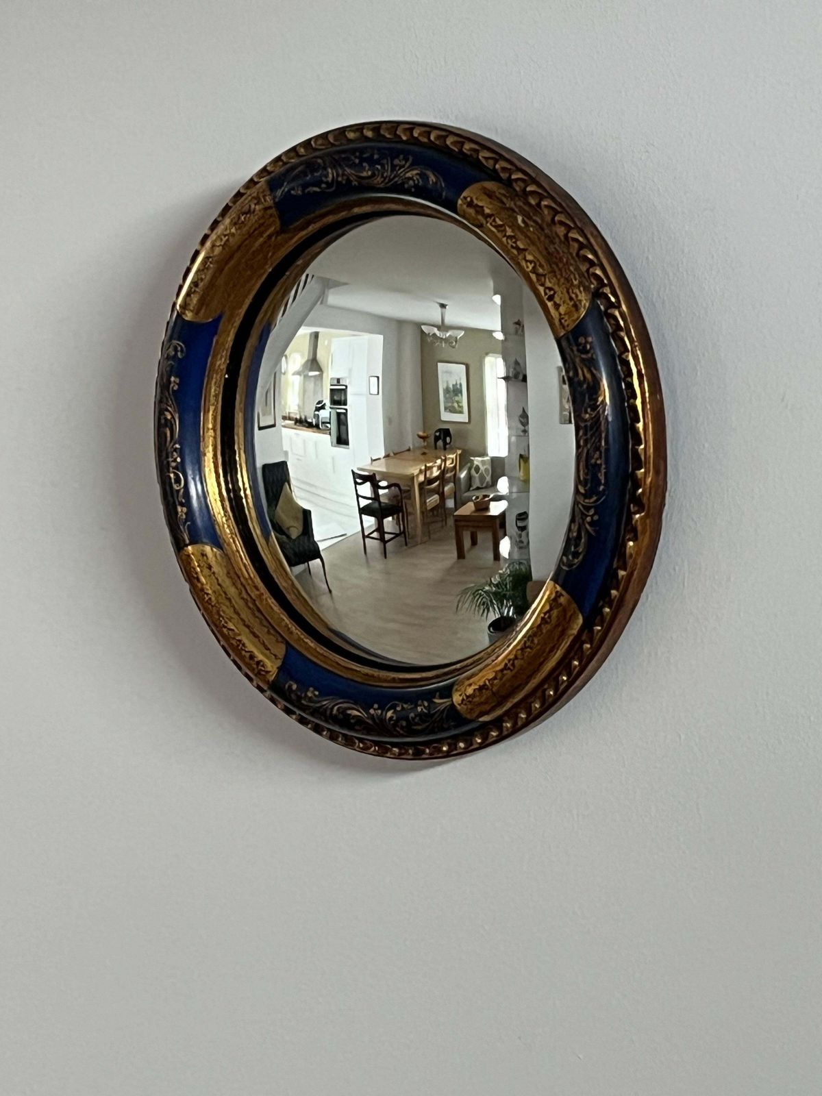 Round Convex Wall Mirror, Wood Frame Blue And Gilt, Fine Detail, Early 20th C photo for sale