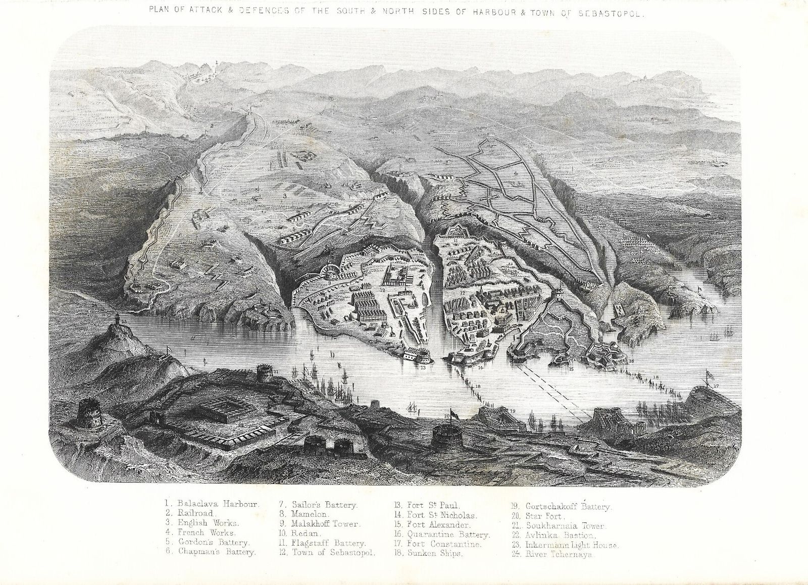 Gravure midden 19e eeuw 'Plan Of Attack And Defences Of The South And North Sides Of The Harbour And Town Of Sevastopol.' photo furniture