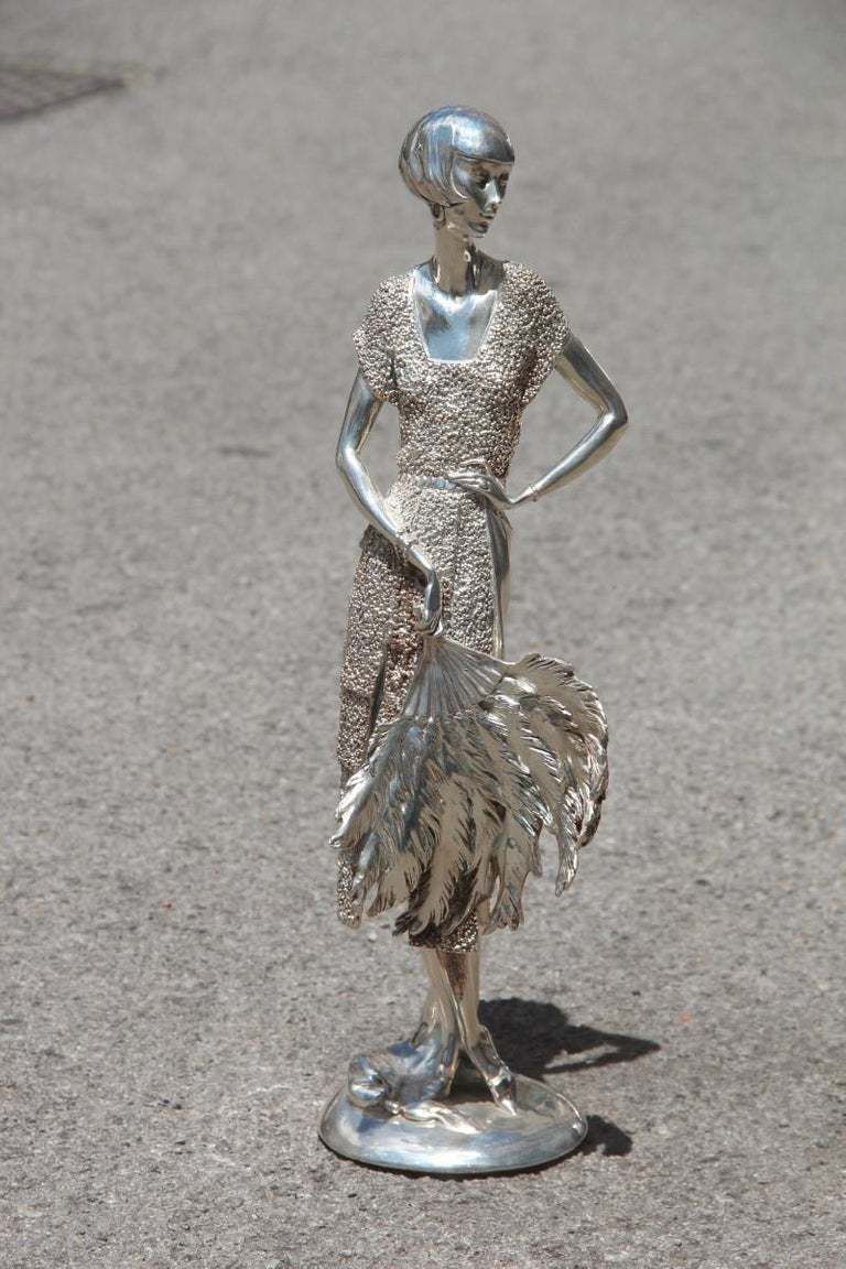 photo for sale Art Deco Resin Sculpture With Italy 1970 Silver Foil Woman With Fan