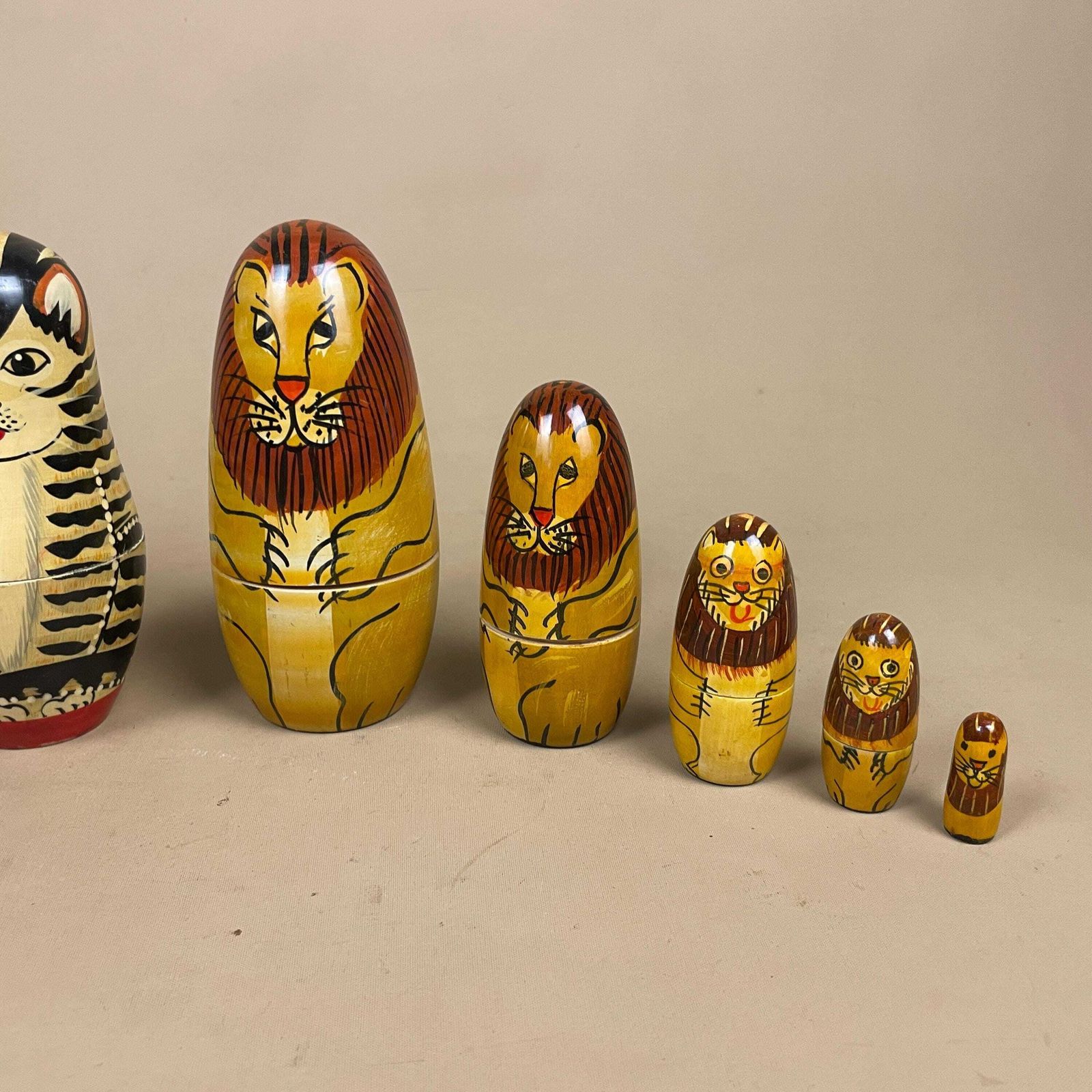 Nesting Dolls Wooden Vintage   Lion And Cat Matryoshka Set   Hand Painted Stacking Animals Decor For Nursery Shelf And Cat Lover Gift photo for sale