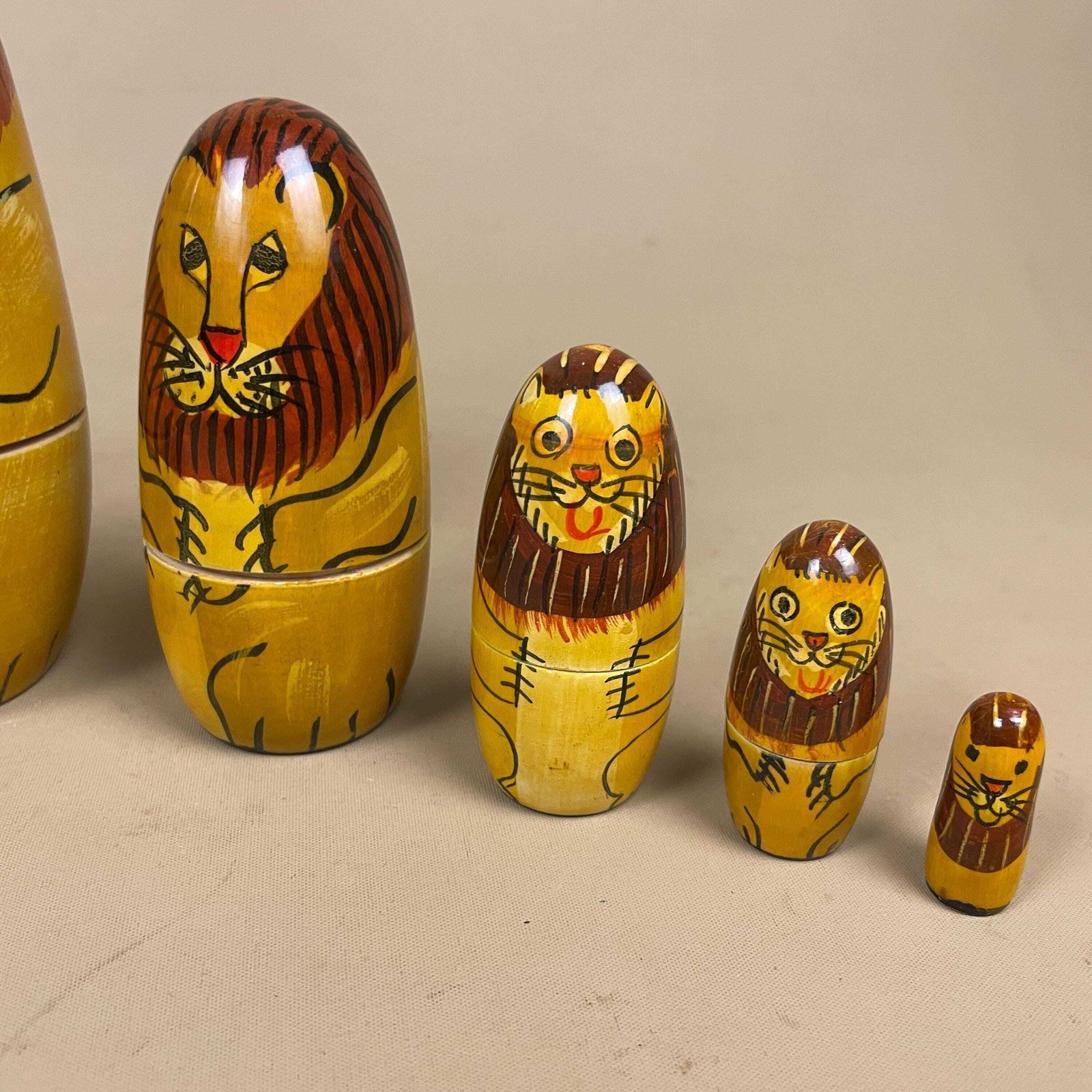 Nesting Dolls Wooden Vintage   Lion And Cat Matryoshka Set   Hand Painted Stacking Animals Decor For Nursery Shelf And Cat Lover Gift photo 69.0