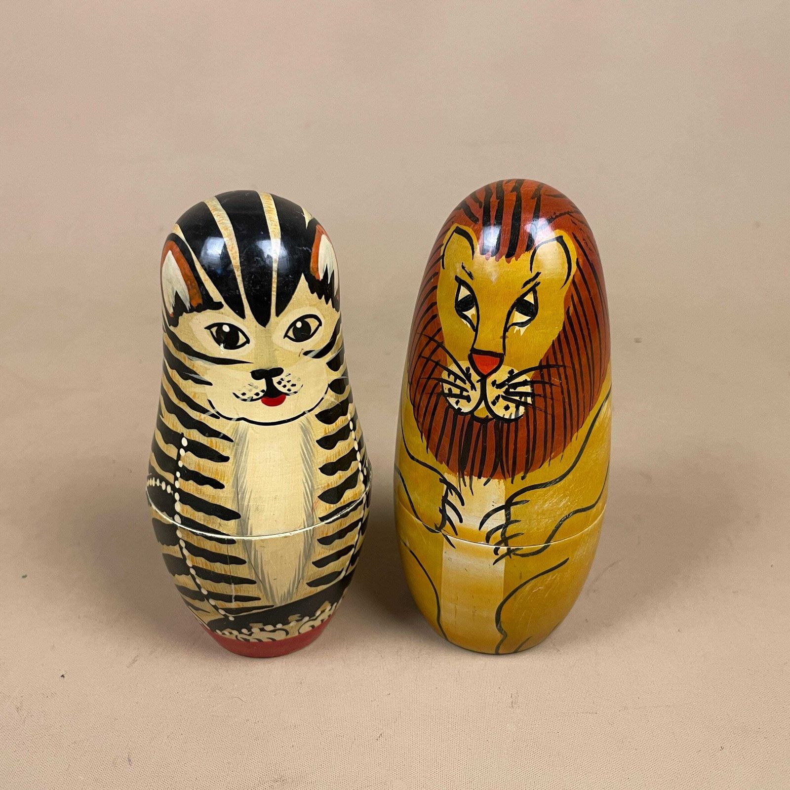 photo vinterior Nesting Dolls Wooden Vintage   Lion And Cat Matryoshka Set   Hand Painted Stacking Animals Decor For Nursery Shelf And Cat Lover Gift