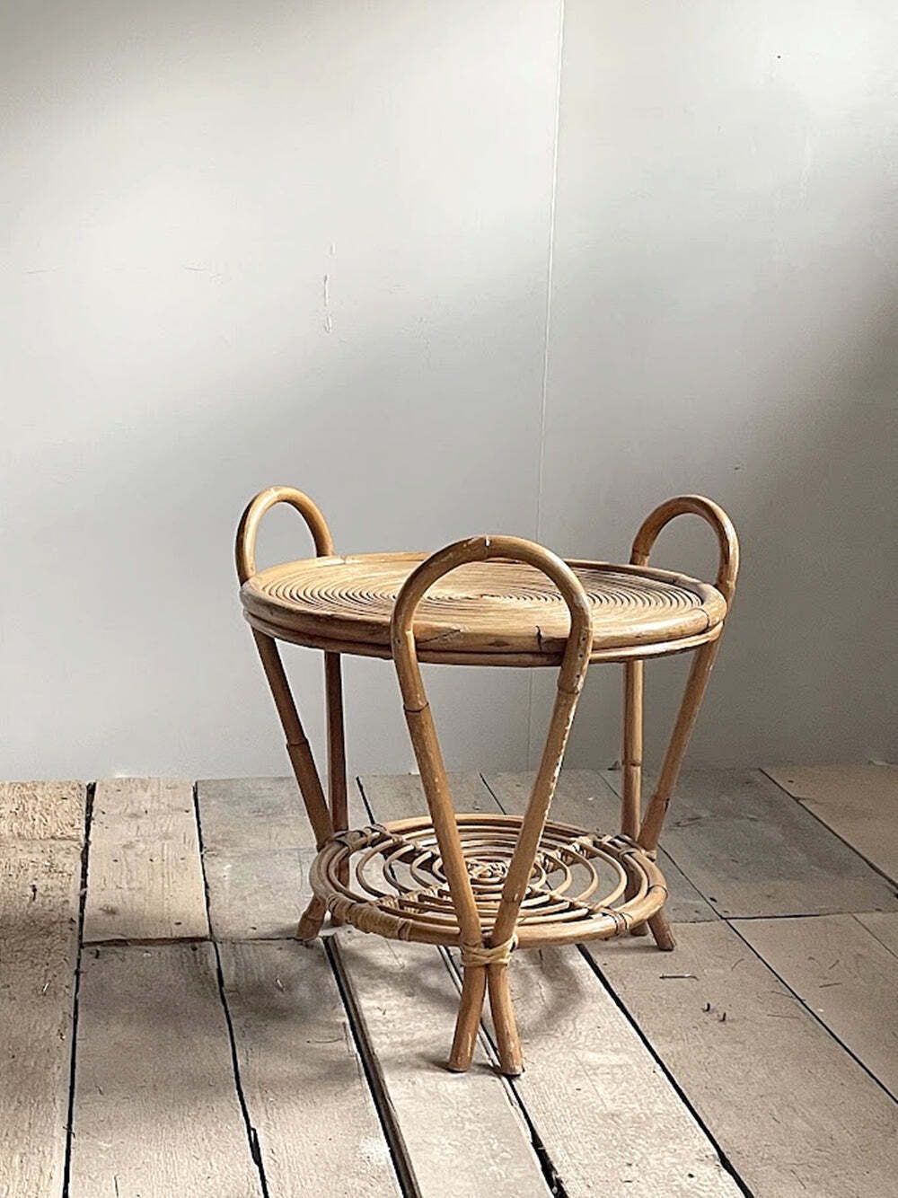 Vintage Sculptural Two Tier Rattan Side Table With Loop Handles, Japan, 1970s photo furniture
