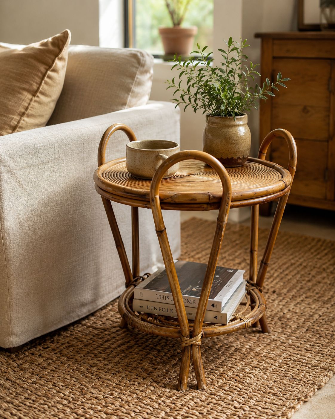 Vintage Sculptural Two Tier Rattan Side Table With Loop Handles, Japan, 1970s photo for sale